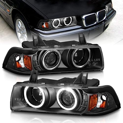 AmeriLite for 1992-1998 BMW 3 Series E36 Sedan 1pc LED Halo Black Projector Replacement Bulb Socket Headlights Set - Passenger and Driver Side