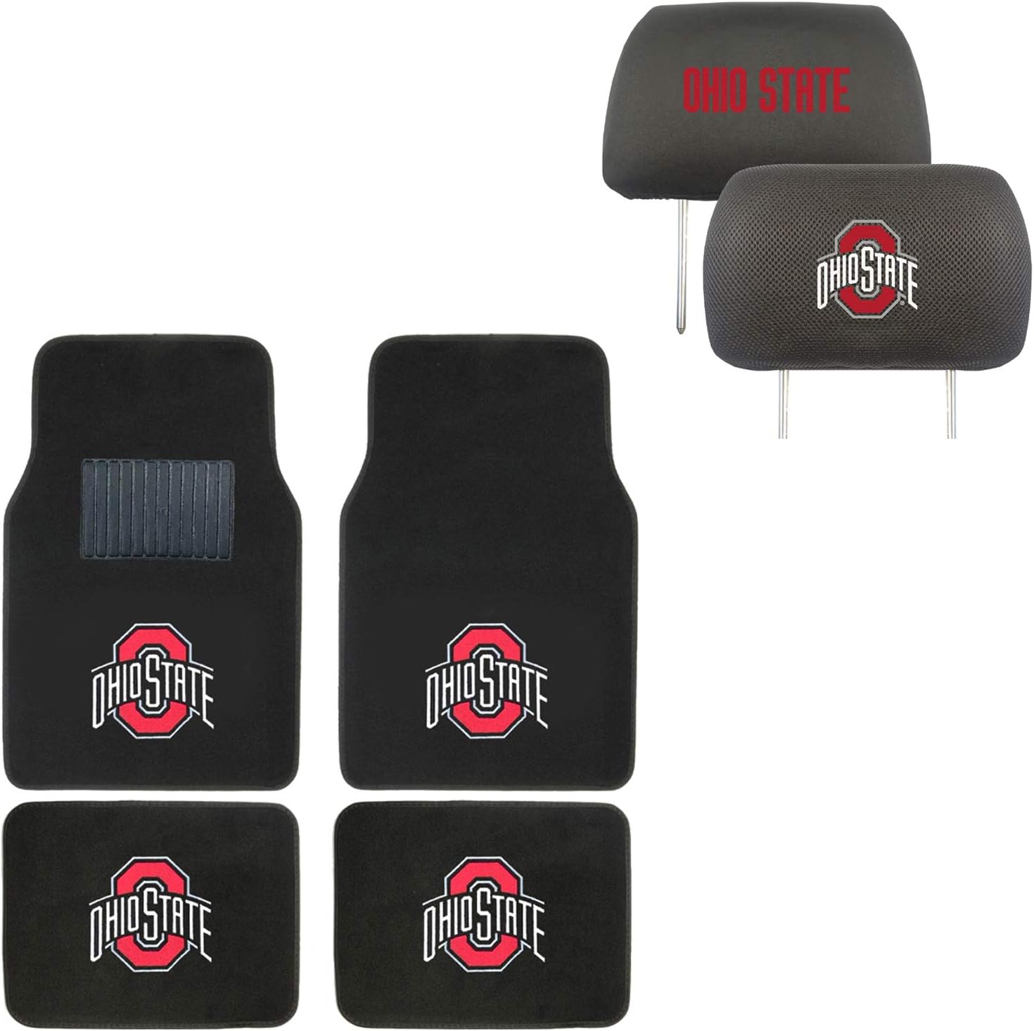 AAC FANMATS NCAA Carpet Floor Mats Bundle with Head Rests for Ohio State Buckeyes Fans Officially Licensed(6 Items)