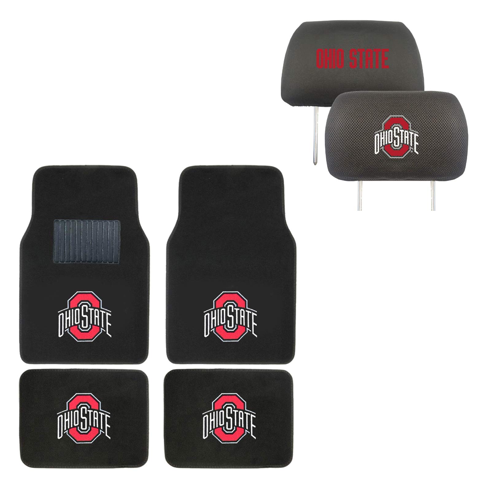 AAC FANMATS NCAA Carpet Floor Mats Bundle with Head Rests for Ohio State Buckeyes Fans Officially Licensed(6 Items)