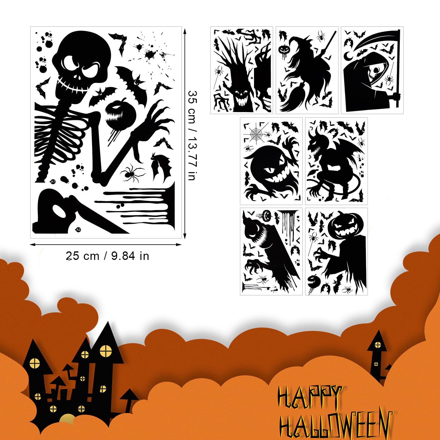 65 Halloween-Fensteraufkleber, Statisch – Kürbis, Geister, Spinnen, Abnehmbar