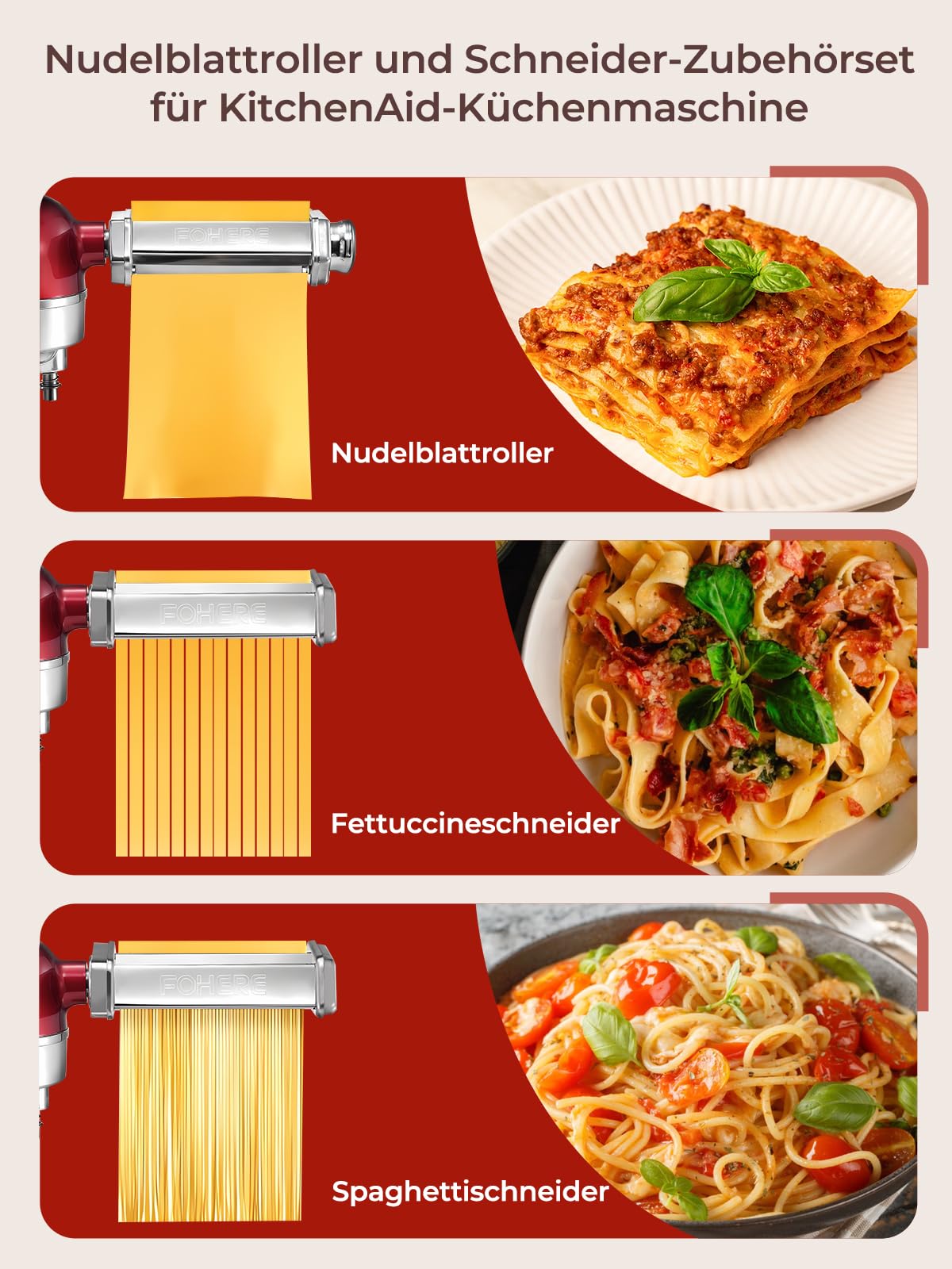 FOHERE Nudelaufsatz Set für KitchenAid Küchenmaschine, Dreiteiliges Pasta Maker Zubehör Mit Nudelblattroller, Fettuccineschneider, Spaghettischneider und Reinigungsbürste (7 Einstellbare Dicken)
