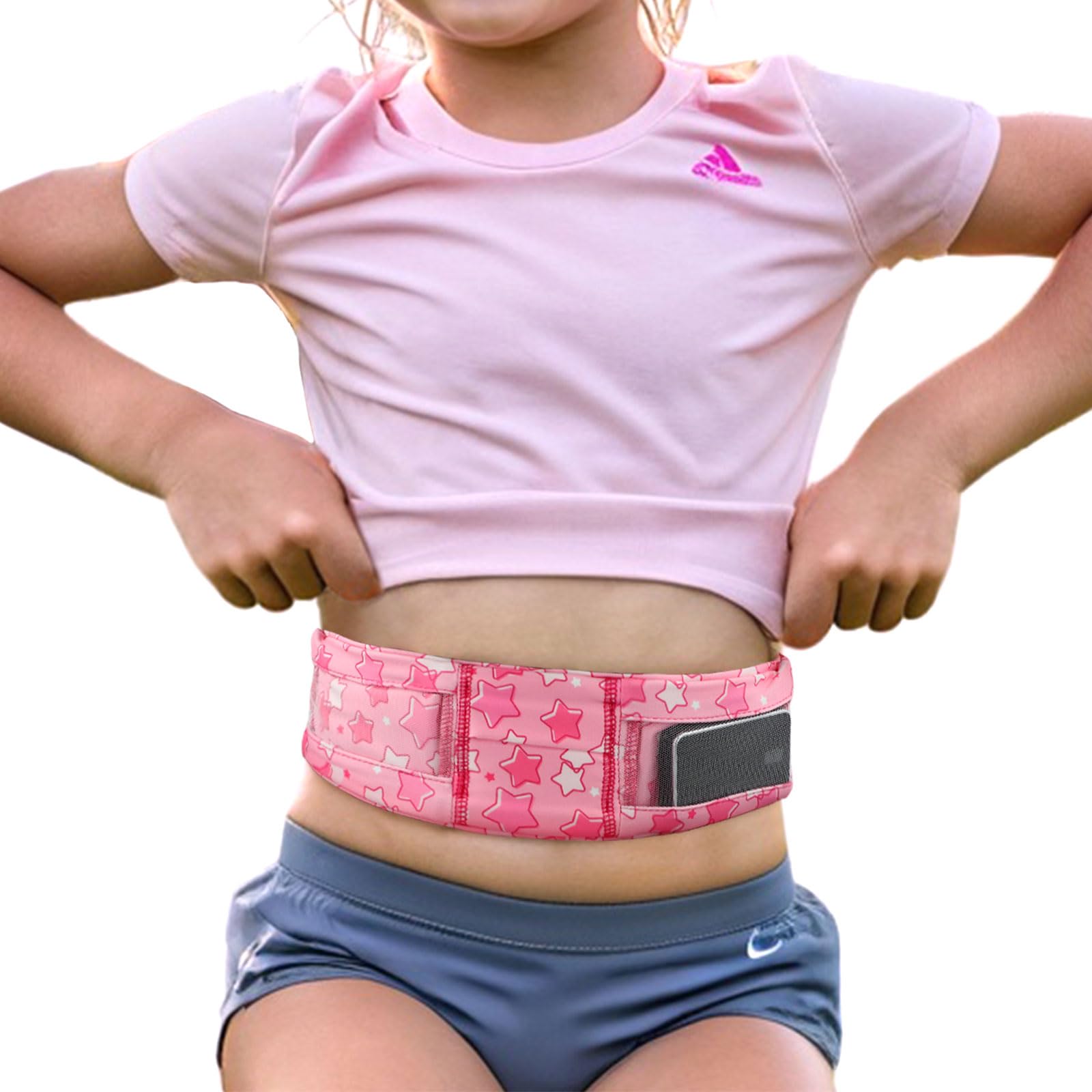 iGuerburn Diabetic Pump Belt for Kids - Adjustable Insulin Pump Belt for T1 Diabetics Children - Soft Sports & Sleep Waist Band with Mesh Pockets, No Buckle Strap Holder (S:17"-25") - Pink