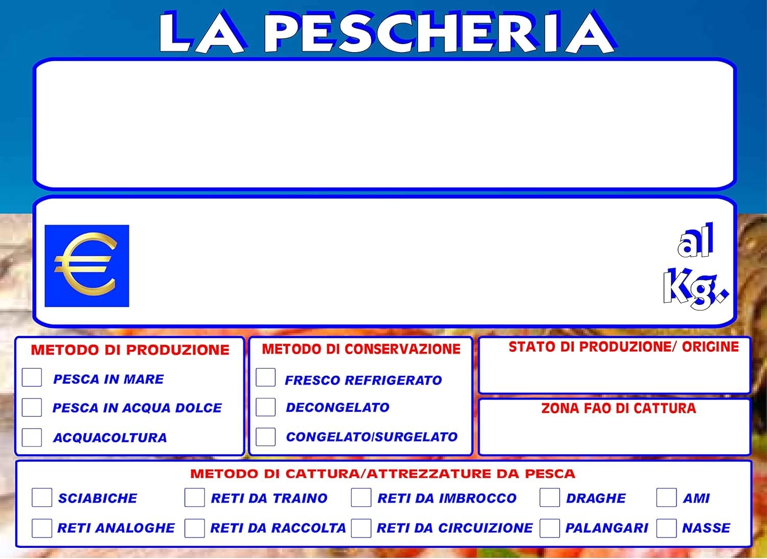 KIT 30 SEGNAPREZZI PLASTIFICATI PESCHERIA 11,1X15,6 cm. + 30 SUPPORTI + 1 PENNARELLO NERO