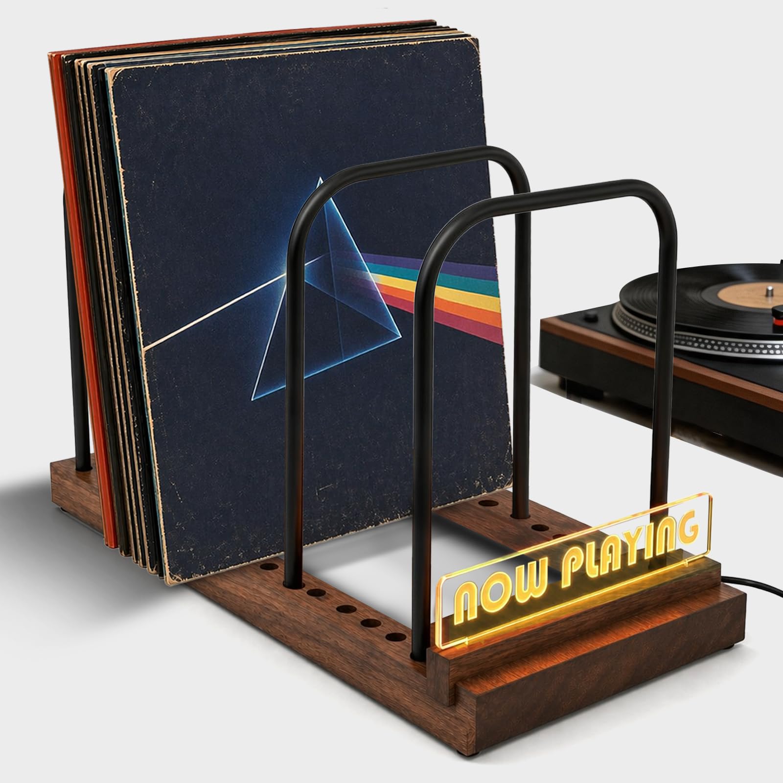 ZEDKEHO Supporto per dischi in vinile per album LP con display a LED ora in riproduzione, supporto per dischi in legno, cartello luminoso in acrilico rimovibile, contiene 50-75 dischi, decorazione per