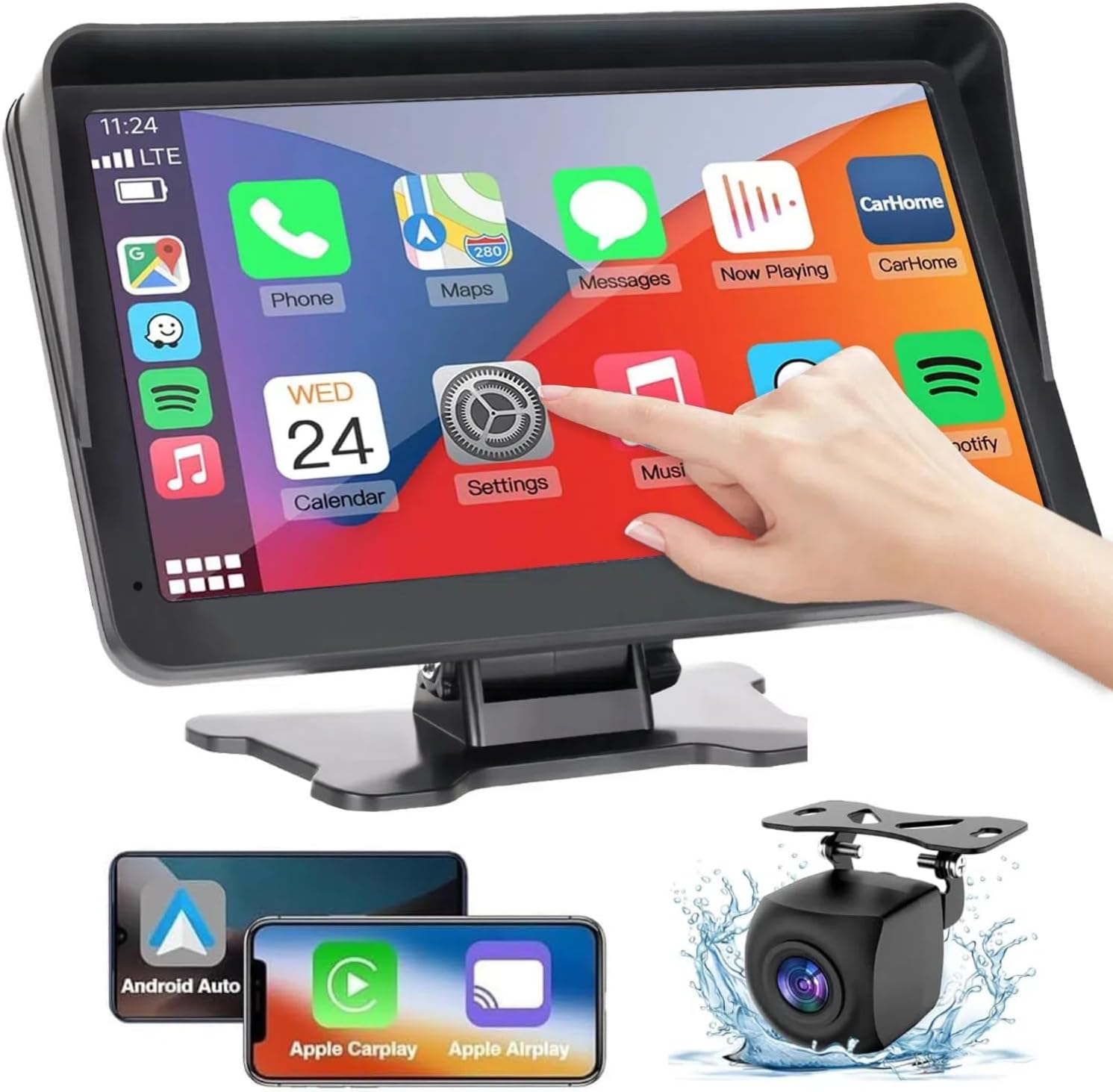 Wireless Apple Carplay Screen for Car,7" HD Portable Car Stereo Touchscreen with Apple CarPlay and Android Auto with Mirror Link/Backup Camera/Bluetooth/GPS Navigation/AUX for All Vehicles