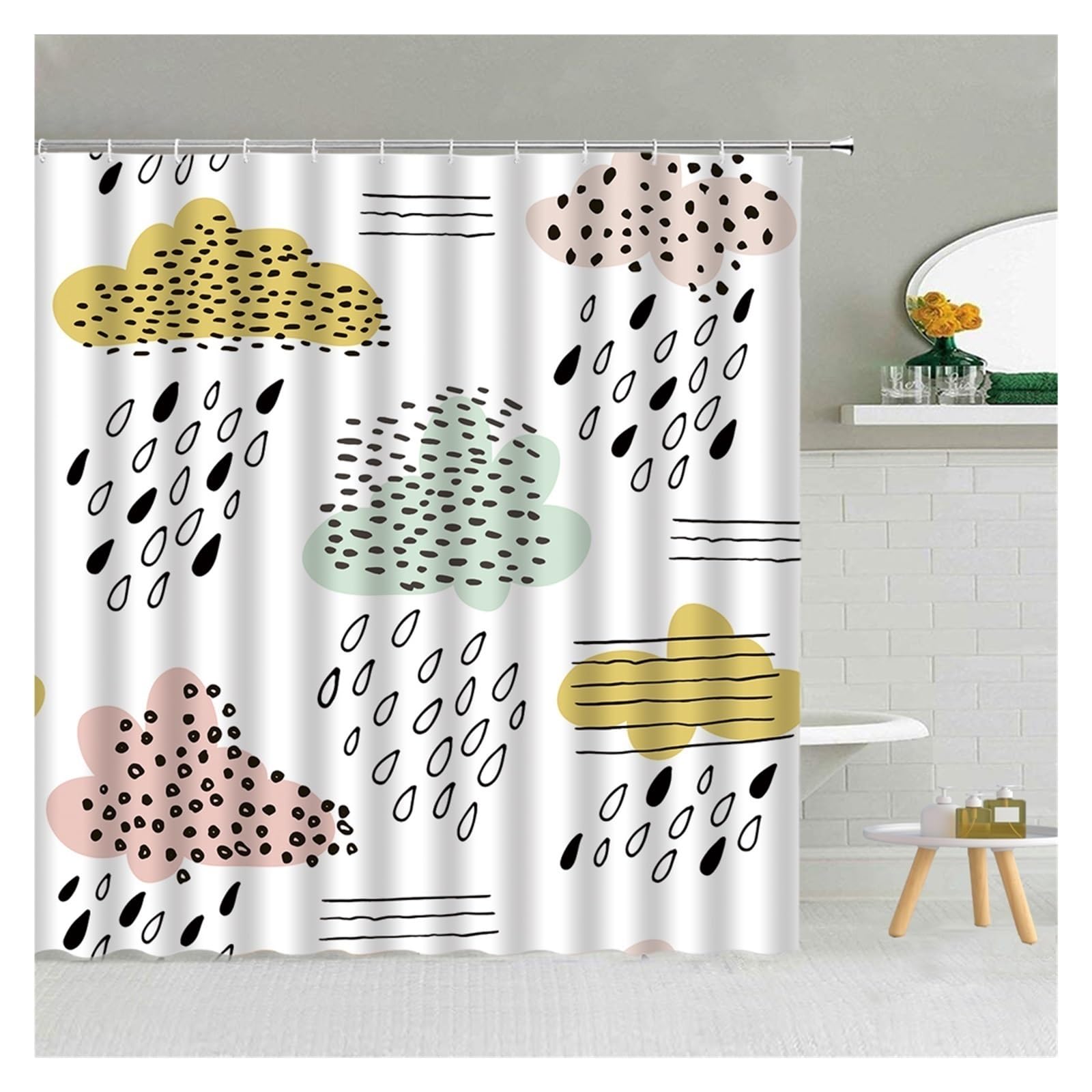 Rideau Douche Rideau de Douche Simple, Noir et Blanc, Motif de gouttelettes d'eau, en Tissu Polyester, for Salle de Bain, Suspendu, décoration de Maison(1241L,240x180cm-94x70in)