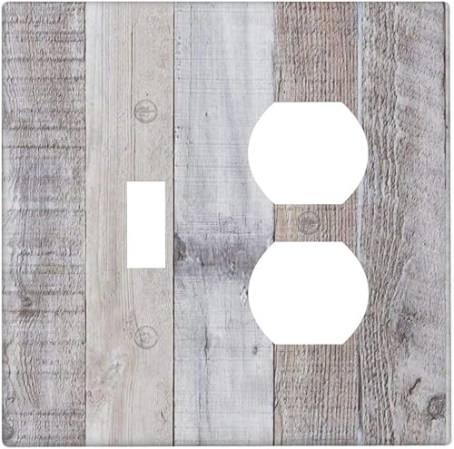 Miniatura 223 de Placa de pared dúplex de receptáculo de dispositivo de 1 gang de madera envejecida blanca gris con veta de tablón, cubierta de enchufe eléctrico de
