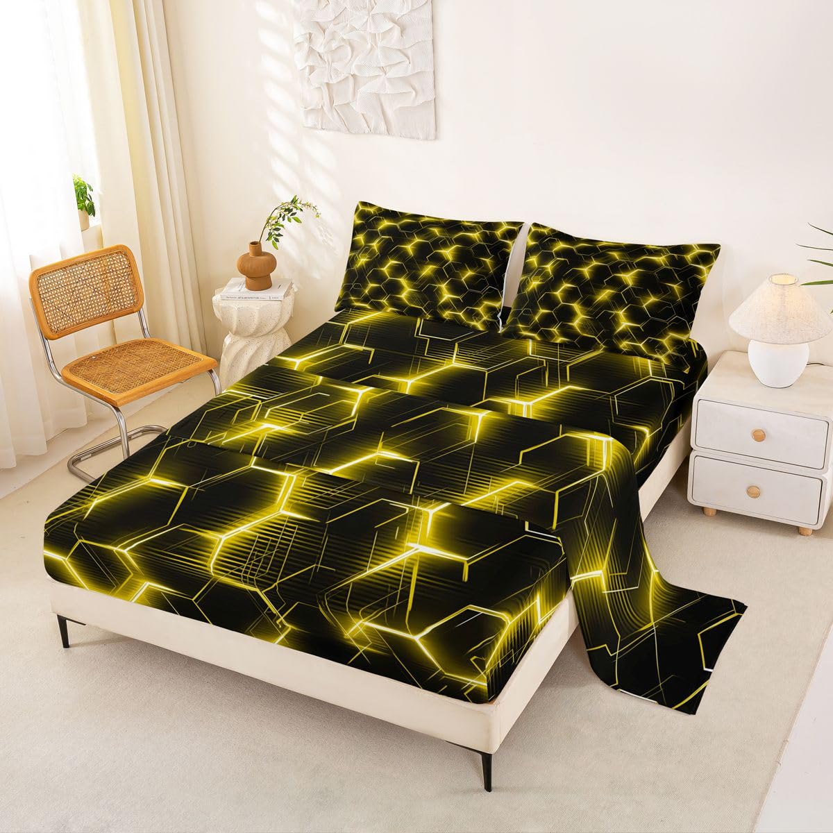 Homewish Zestaw pościeli dla chłopców o strukturze plastra miodu, żółty, neonowy, geometryczny zestaw prześcieradeł dla nastolatków mężczyzn, złote sześciokątne wzornictwo, płaskie prześcieradło do