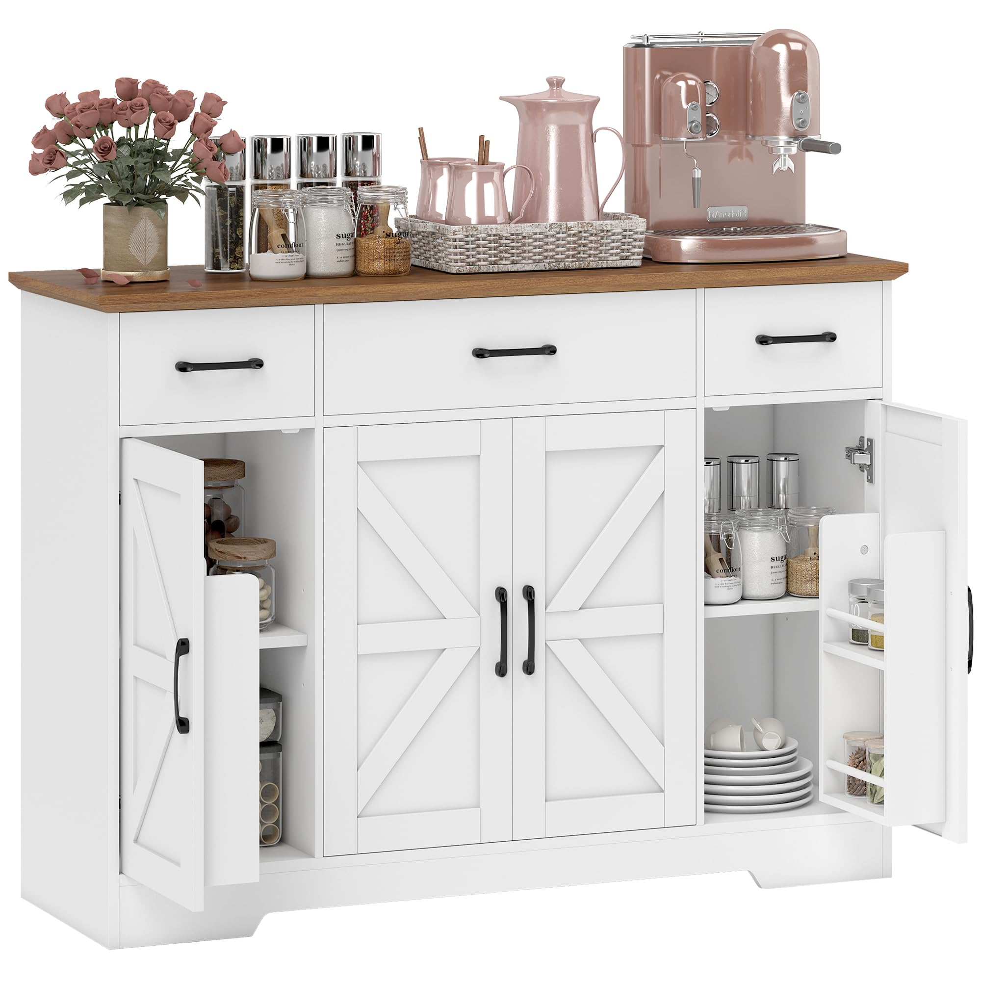HOMCOM Aparador de Cocina Rústico, Armario de Cocina con 4 Estantes de Puerta, 3 Cajones, Estantes Ajustables, Puerta con Cierre Suave, Mueble de TV para 48-55 Pulgadas, 120x38x87 cm, Blanco y Nogal