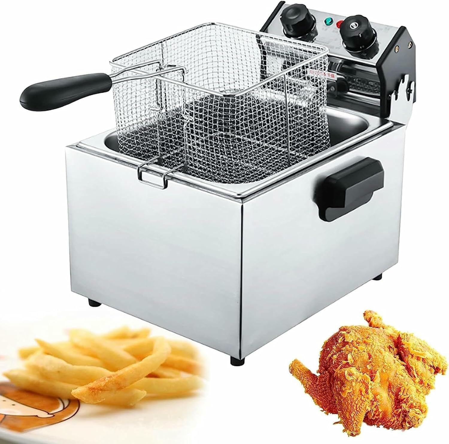 Commercial Fat Fryer Basket Electric Deep Fat Chip Fryers Large with Tank, Stainless Steel Commercial Chip Pans with Basket and Lid, 50-200°C Adjustable Temperature, Larg~/