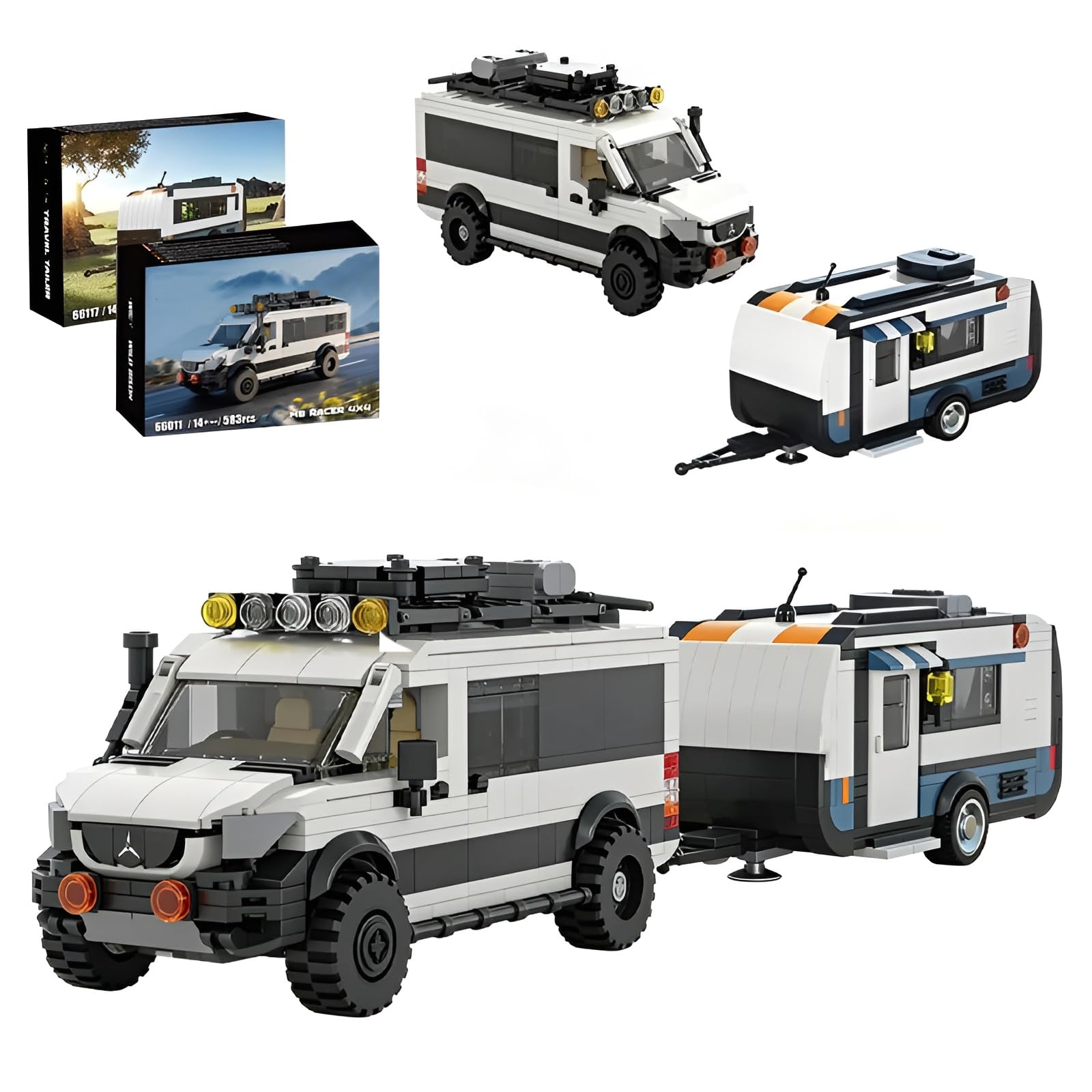 Camper Van & Travel Trailer Building Set, 971PCS Off-Road RV Camper Van Building Bricks Kit with Trailer, Creative Adventure Vehicle Model Toy, Gift for Teens & Adults