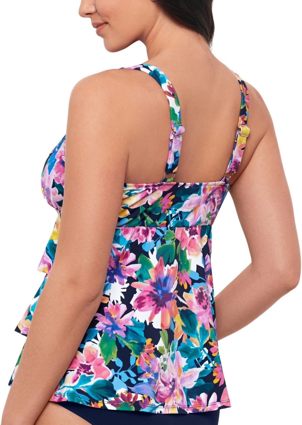 Swim Solutions Garden Swan Triple-Tiered Tankini Top, Navy Floral Print, Size 16 - Image 2
