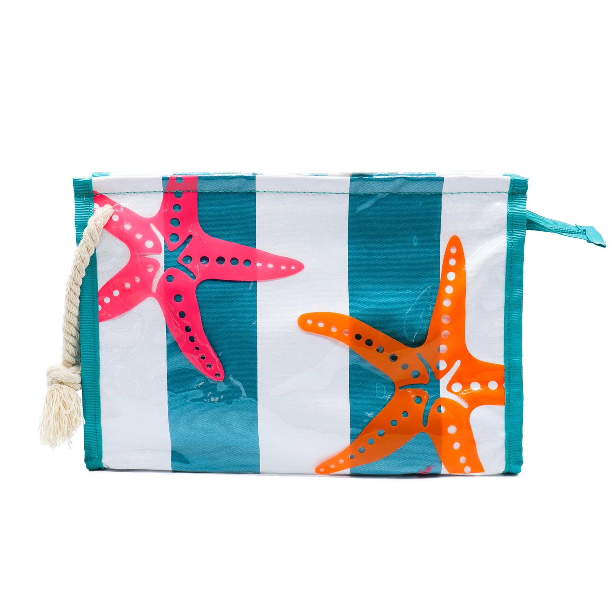 Ponette Neceser de Mujer Grande Plastificado de Tejido de Rayas Turquesa y Blanco con Estampado de Estrellas de Mar y Asa Tipo Cordón, Ideal Playa, Piscina, Viaje, Impermeable, Marca Española