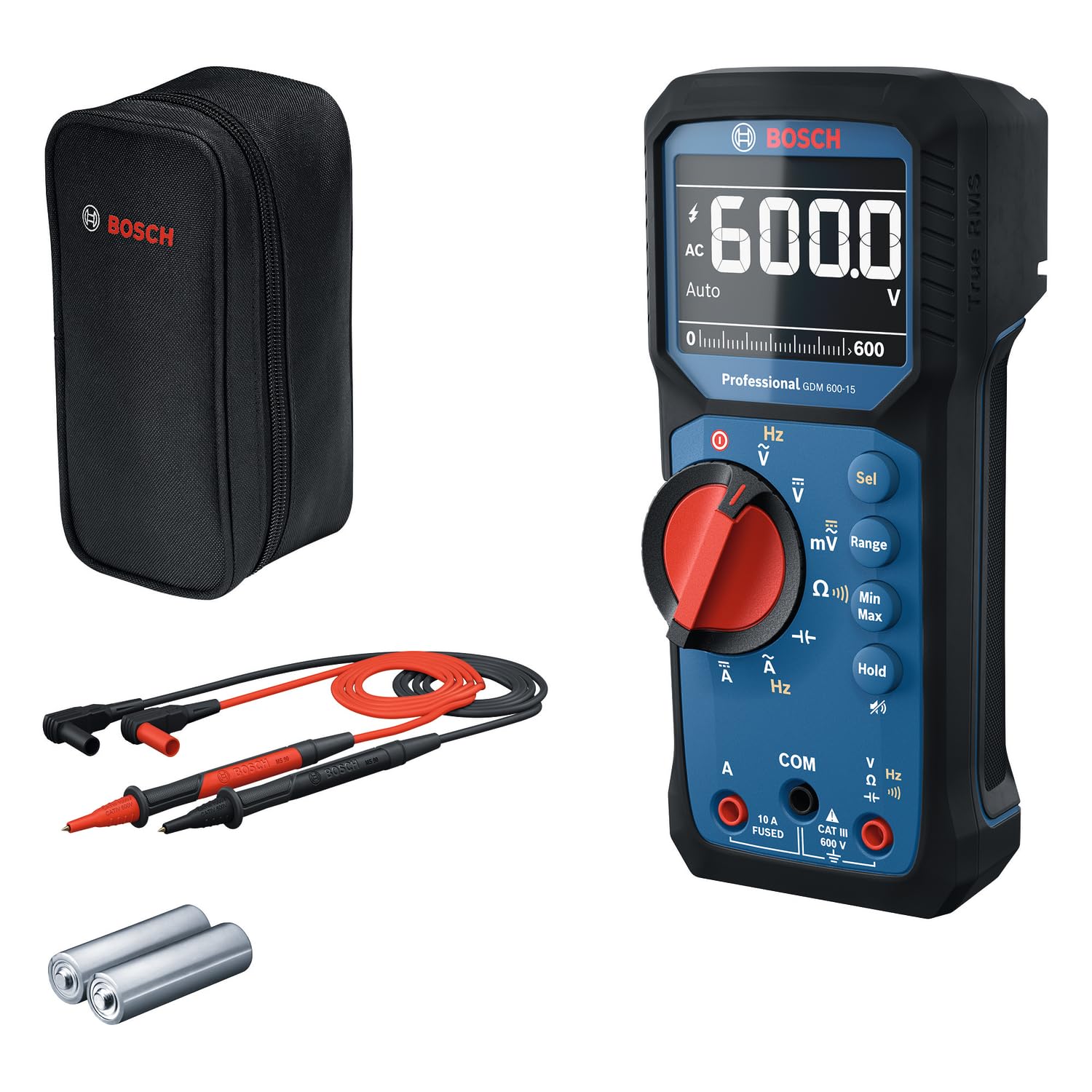 Bosch Professional Multímetro Digital GDM 600-15 (RMS verdadero, LCD invertida, mide frecuencia/continuidad/resistencia/capacitancia, mín./máx./promedio, cables de prueba MS 90) | True RMS, LCD invertido, mide frecuencia/continuidad/resistencia/capacitanc
