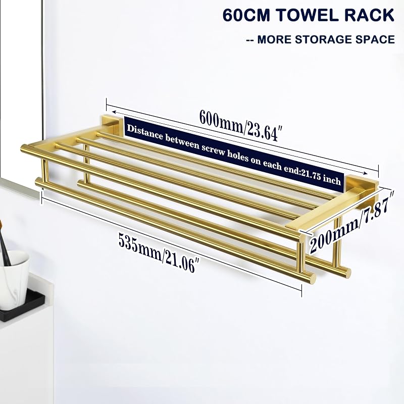 SAYAYO Törölközőtartó Polccal 60 cm - Rozsdamentes Acél Arany Fali Fürdőszobai Törölközősín Konyhai Vendégtörölköző Tartó