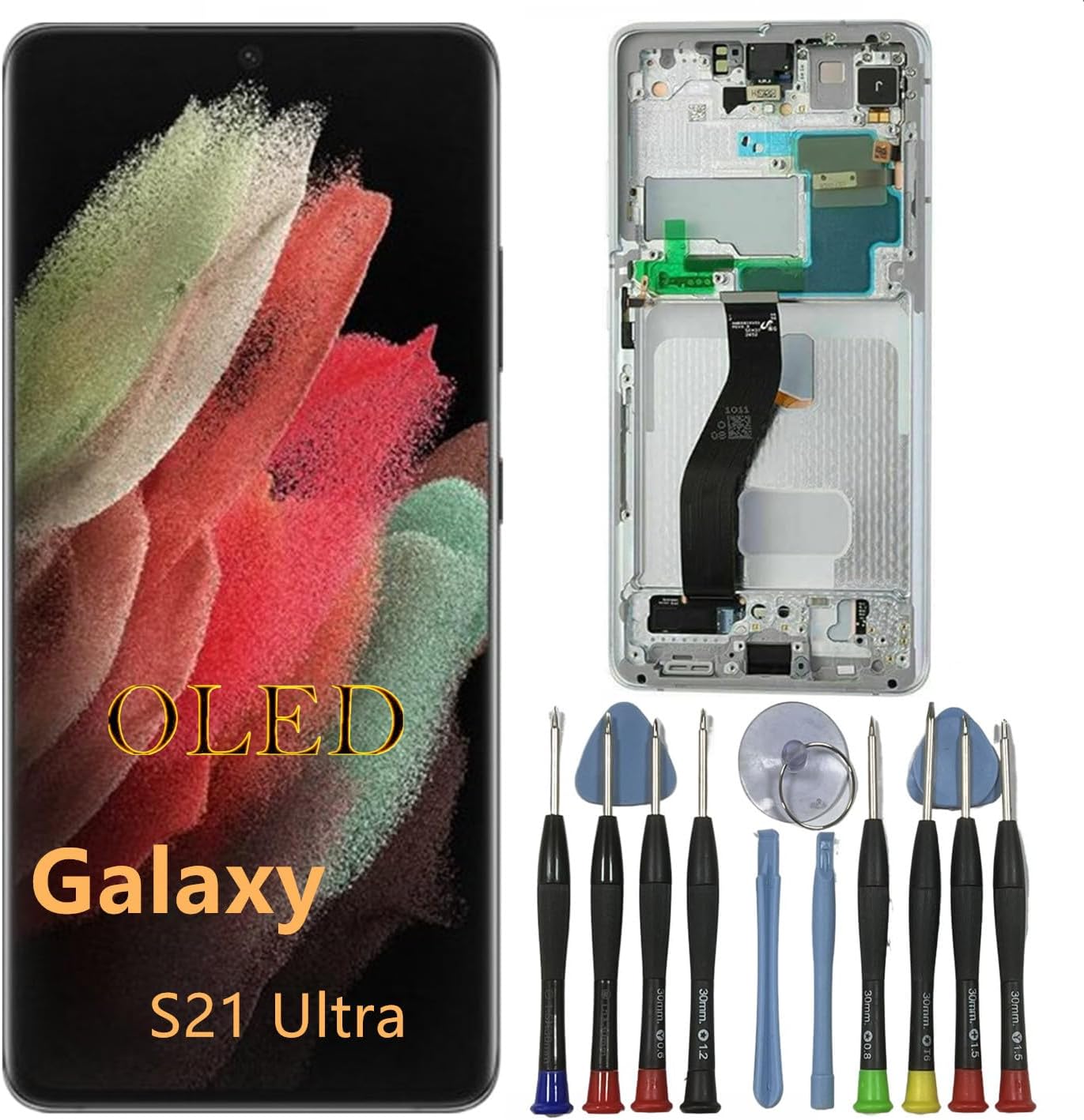 OLED Galaxy S21 Ultra Screen Replacement for Samsung S21ultra 5G Display Touch Screen Digitizer Assembly SM-G998U SM-G998U1 G998B LCD Support Fingerprint (with White Frame+Tools)