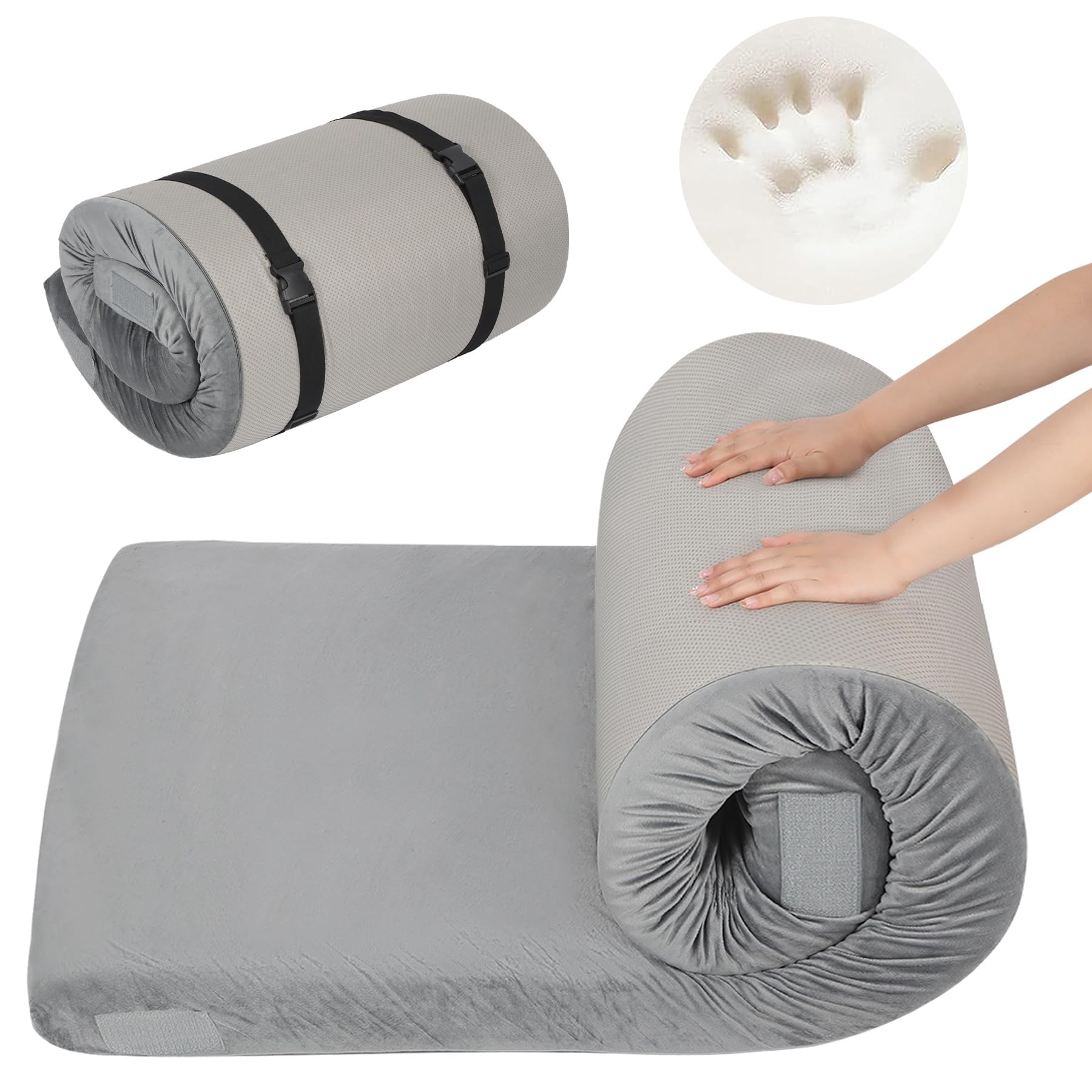 REDCAMP 7.6cm Thick Memory Foam Camping Mattress, Detachable outer Cover，Portable Roll Up Single Guest Bed for Car, Tent & Floor, Futon Mat Sleeping Pad, Grey Small Single