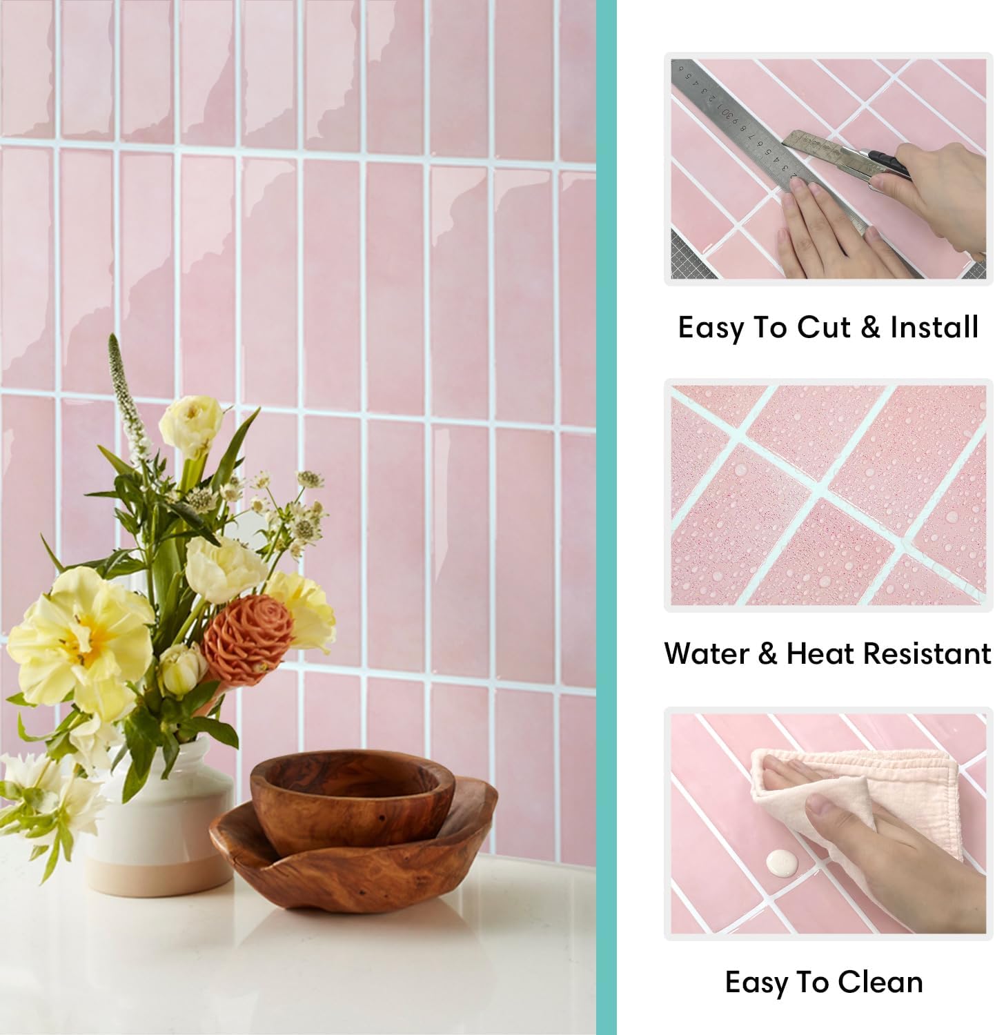Commomy Peel and Stick Tile Backsplash - 10 Pcs of 12'' x 12'' Vertical 3D Peel and Stick Backsplash for Kitchen and Bathroom Interior Wall Tile, Pink (Glossy Surface, Covers 10 sq.ft)