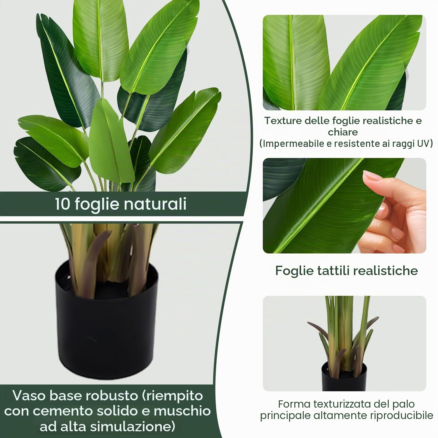 Pianta Artificiale Uccello del Paradiso 160 cm, Palma Tropicale Artificiale con 10 Foglie, Piante Artificiali in Vaso per Decorazione Interni Esterni, Soggiorno, Ufficio, Giardino, Regalo