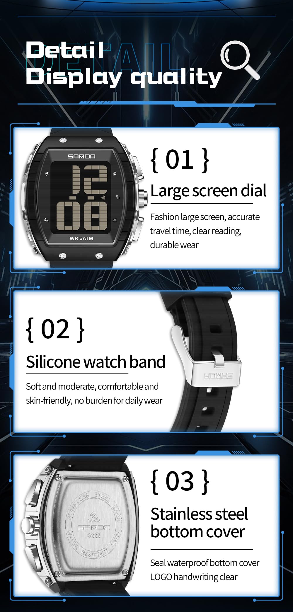 Gosasa Orologio digitale parlante da uomo con ampio quadrante LED, 5 ATM, impermeabile, antiurto, orologio da polso sportivo con tempo vocale, sveglia, timer, retroilluminazione, display di facile