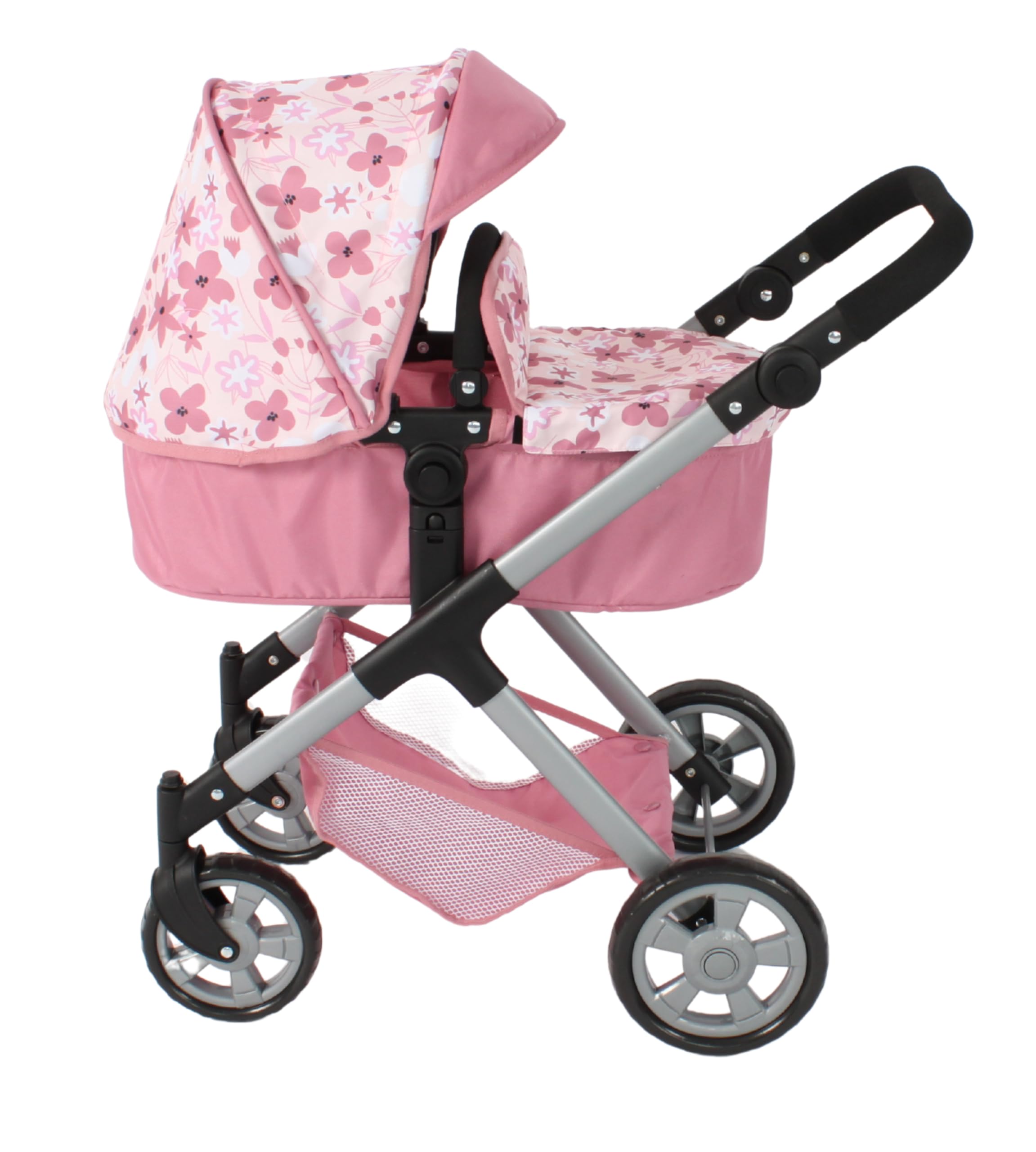 Bayer Chic 2000® 2 w 1 wózek dla lalek Mila – różowy kwiat – uchwyt z regulacją wysokości 39-72 cm – nowoczesny stelaż – lalki do 50 cm – 3-7 J.