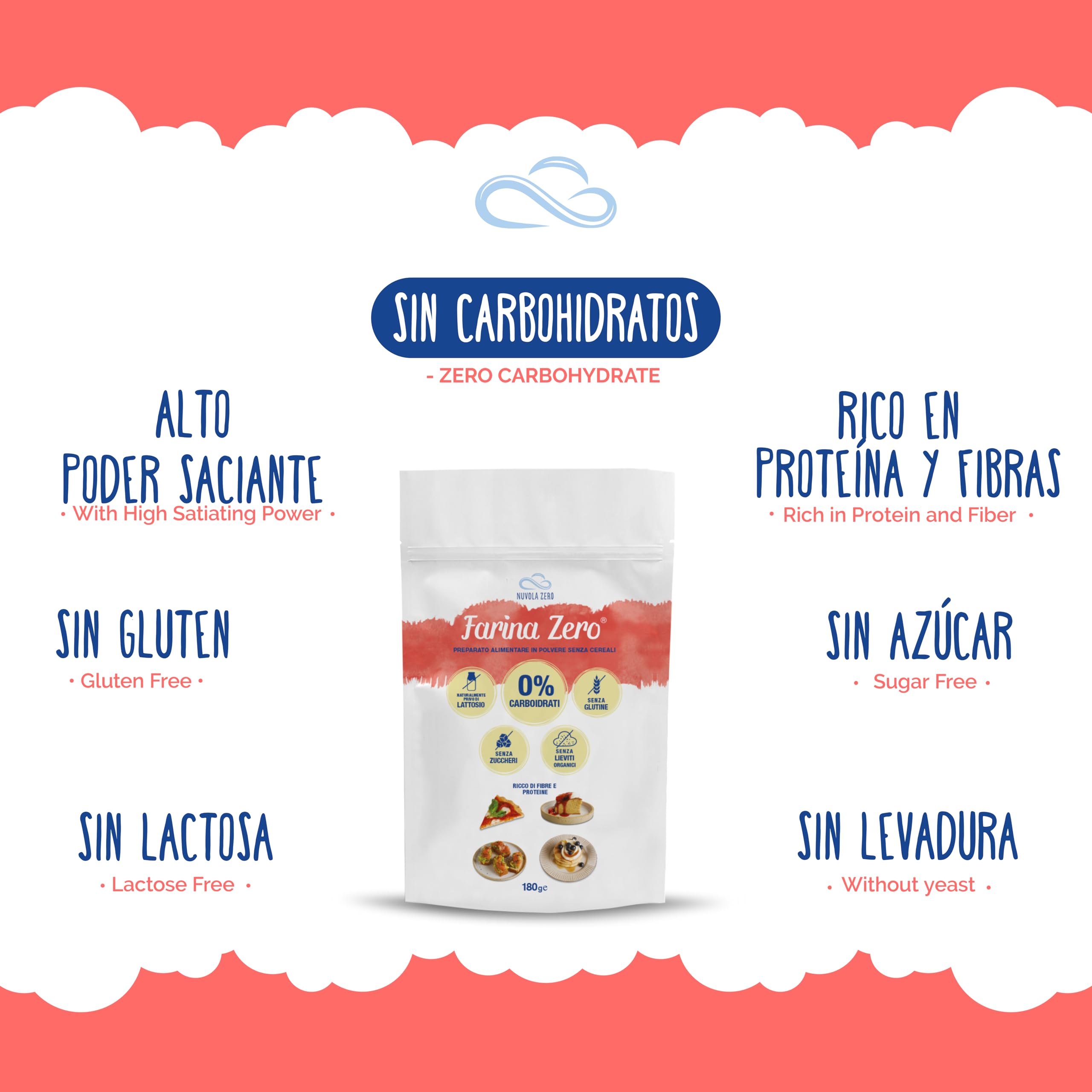 Nuvola Zero Farina Zero Sin Gluten 180g Paquete 3 Piezas para Pasta Pizzas Pasteles Pan