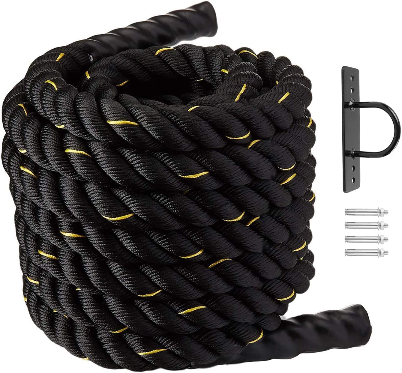 Battle Rope - 1.5"/2" Width Poly Dacron 30ft/40ft/5ft Length Exercise Core Strength Training Fitness Undulation Rope for Gym Muscle Toning Metabolic Workout Fitness Exercise (YBlack, 2inch 30ft)