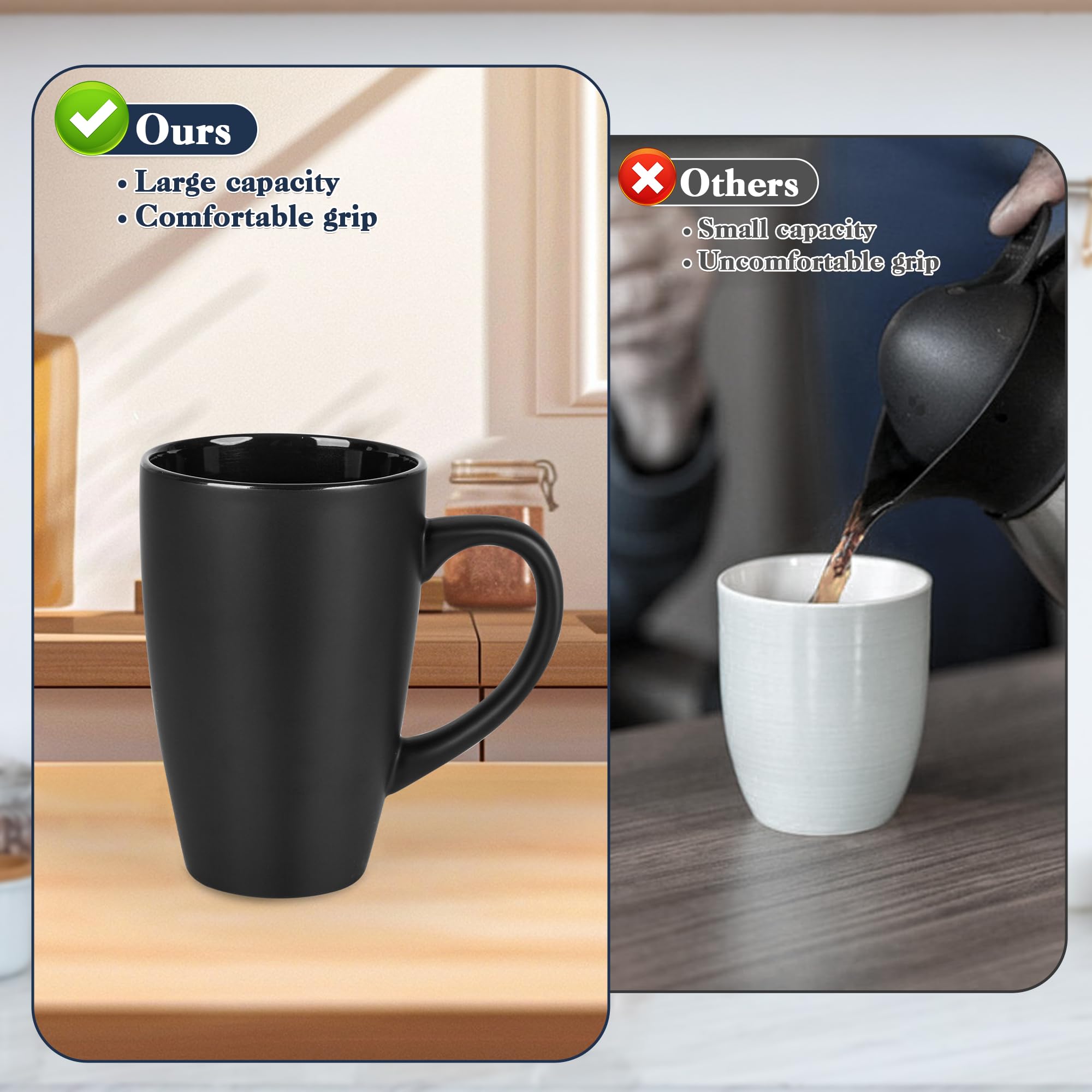 BYCNZB Juego de 4 tazas de café altas de cerámica extra grandes de 20 onzas para café, té, cacao caliente, aptas para lavavajillas y microondas (negro mate)