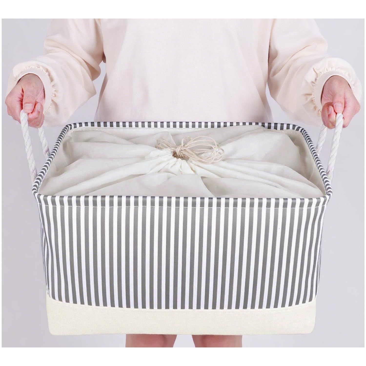 Mangata Foldable Storage Box, Thickened Fabric Storage Basket with Handles for Shelves Toy (XXLarge, Grey Stripe)
