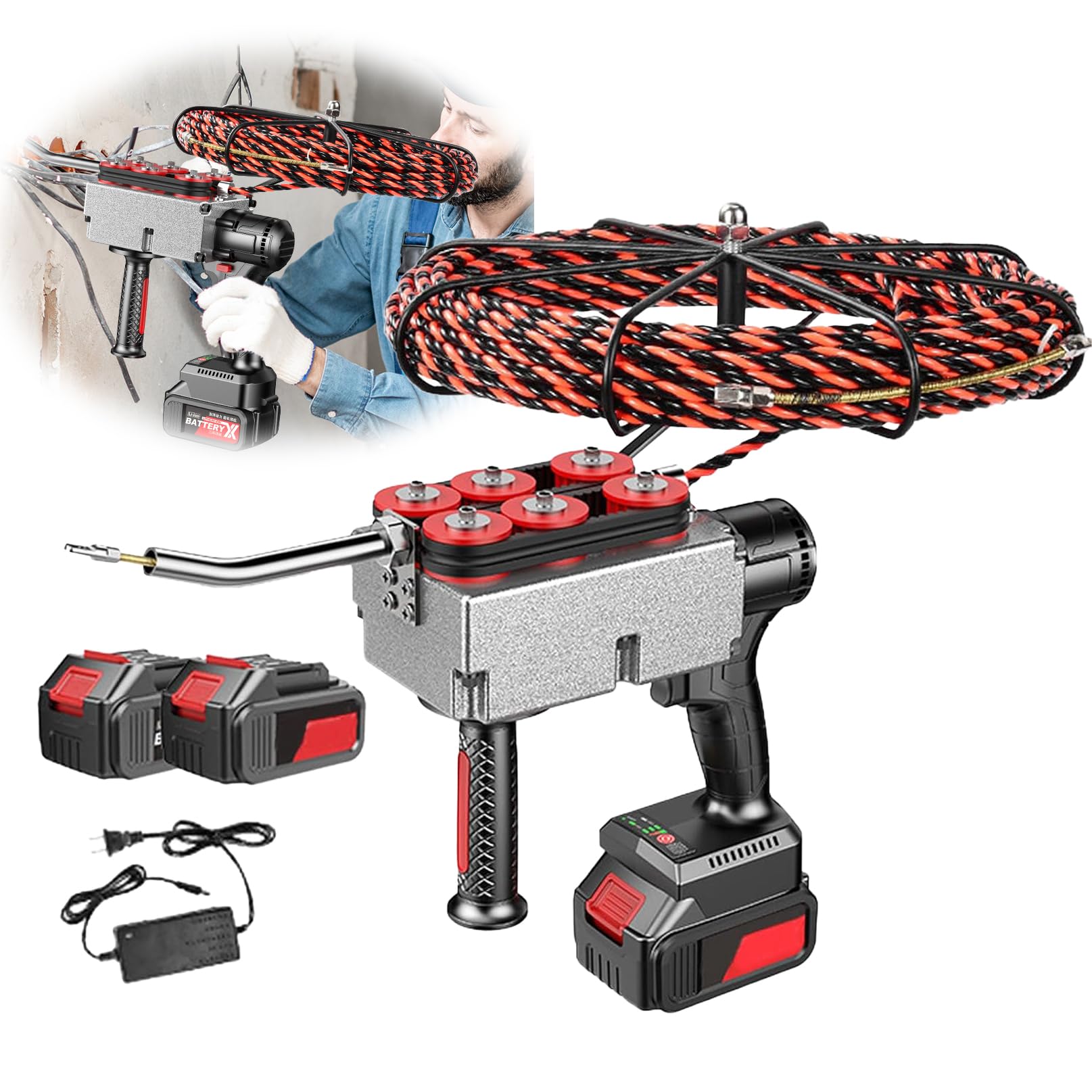 Pasacables Electrico,Tiracables EléCtrico InaláMbrico,TraccióN en 6 Ruedas,TraccióN SúPer Fuerte,Ahorrando Tiempo para ComunicacióN de Redes HidroeléCtricas ConstruccióN(1bateríA)
