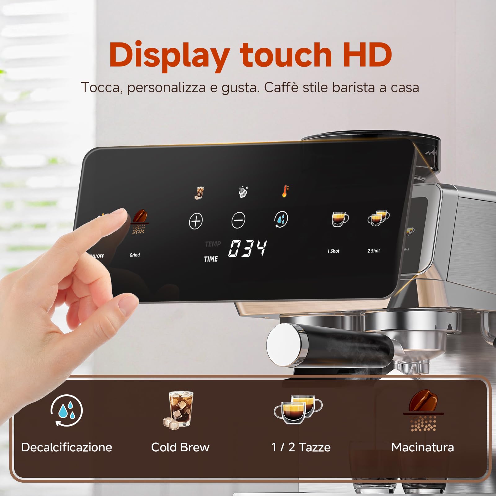 AMZCHEF Macchina Caffè Espresso con Macinacaffè Incorporato, 20 Bar, 44 Livelli di Macinatura, 4 Temperature, Funzione Cold Brew, Lancia Vapore per Latte,Acciaio Inox,1.8L