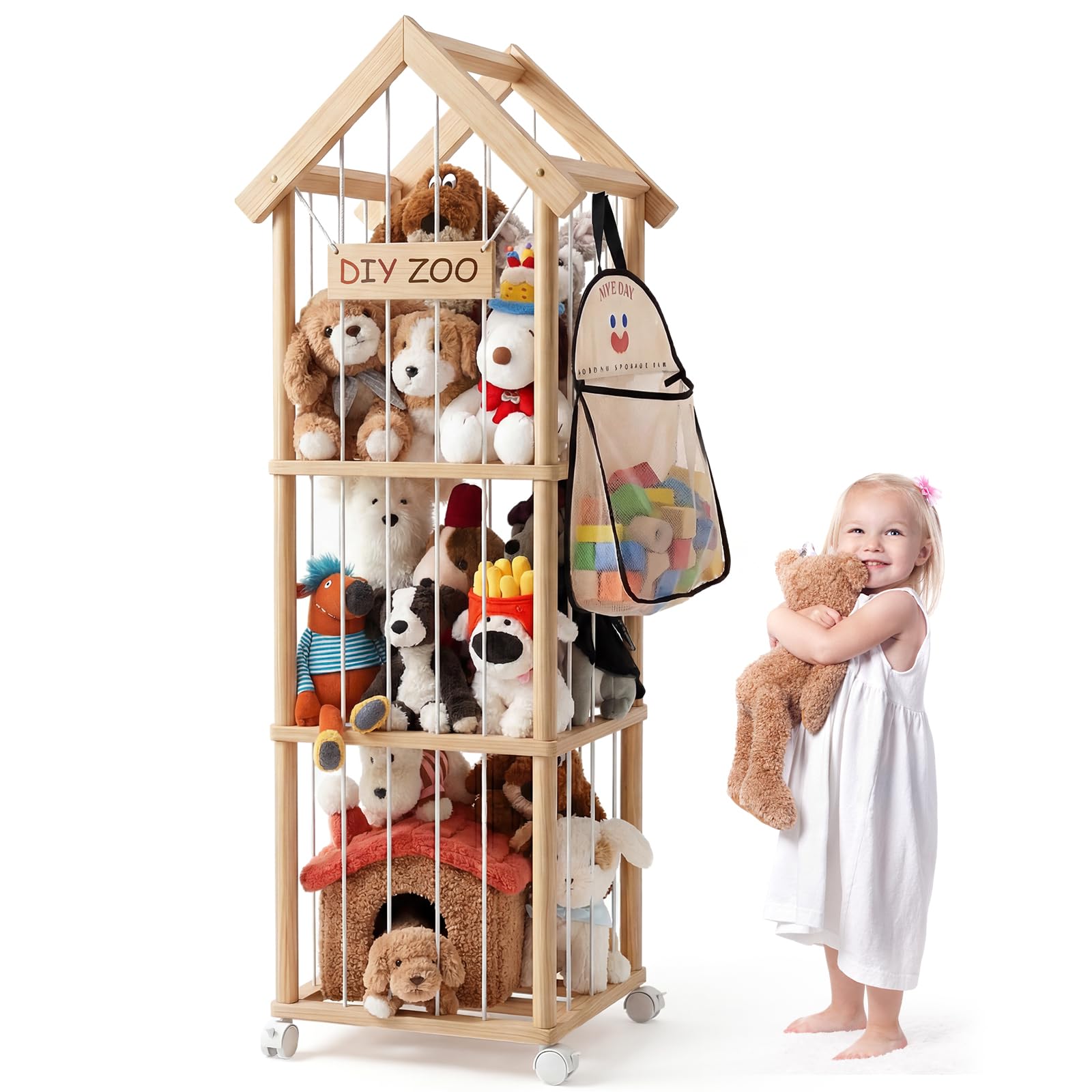 Kuscheltier Aufbewahrung, Holz Stofftier Aufbewahrung, 146 * 42 * 42CM Plüschtier Lagerung Organizer Mit 360°Bremse-Ausgestattete Räder für Spielzimmer, Kinderzimmer, Schlafzimmer, Mit Dach
