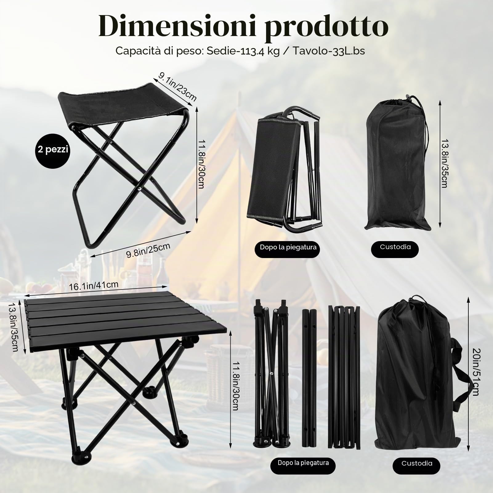 WensdrTavolo pieghevole con sedie, picnic leggero e 2sedia per spiaggia, escursioni, viaggi, pesca, barbecue, esterno con tasche portaoggetti