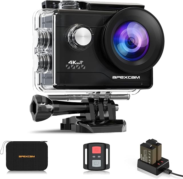 Apexcam 4K Action Camera 20MP 40M Waterproof Sports Camera for Vlog With Ultra HD 170°Wide-Angle 2.4G Remote Control 2 Rechargeable Batteries 2.0'' LCD Screen and Accessories Kit