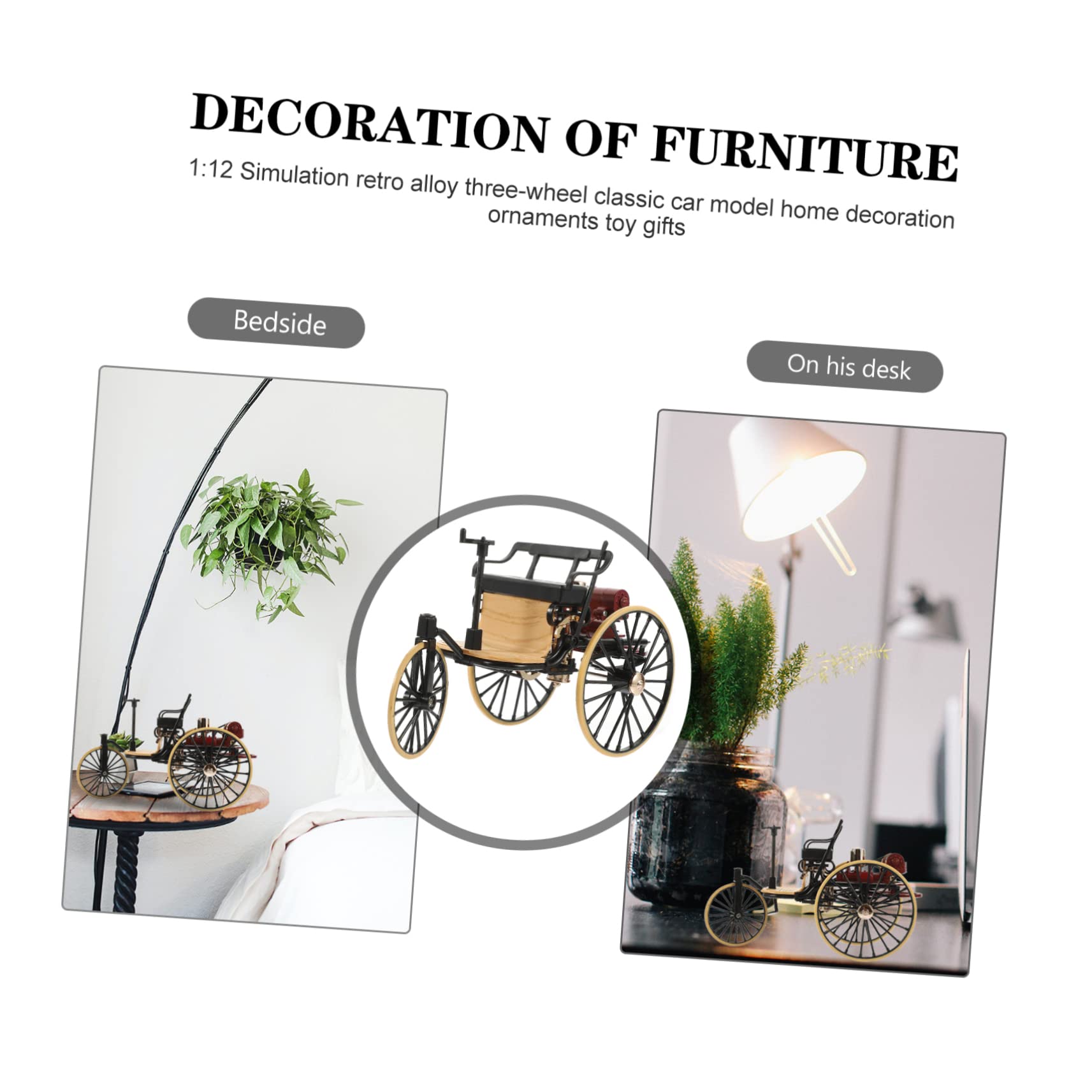 Cabilock 1:12 Scale Classic Car Model Vintage Tricycle Figurine Bedroom Decor Vintage Toy Car Decoration