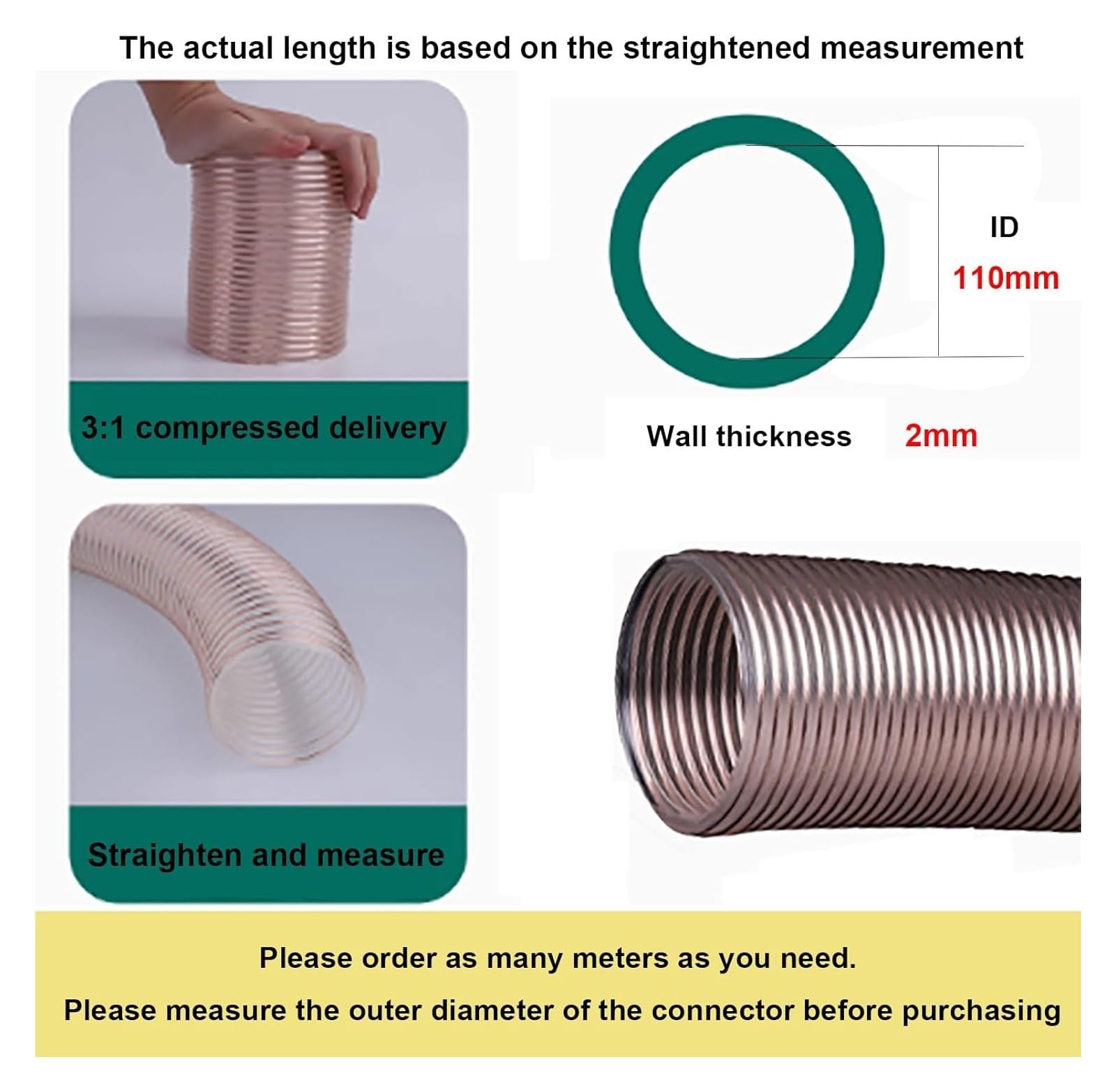 Tubo flessibile di raccolta della polvere in PU, diametro interno 110 mm, lunghezza 1 m, tubo flessibile trasparente for aspiratore di polvere industriale(2mm)