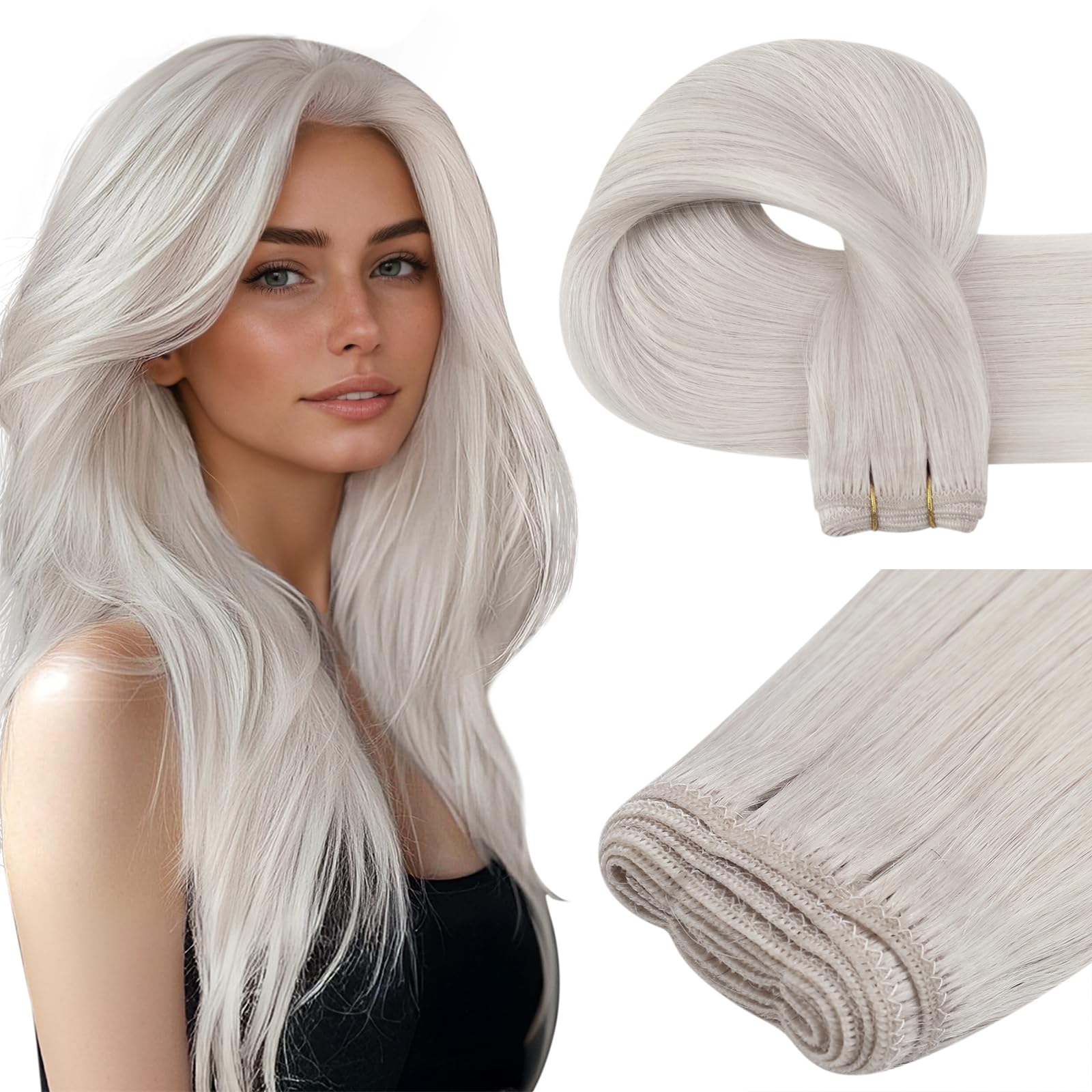 Easyouth 100G Sew in Hair Extensions Real Human Hair White Blonde Weft Hair Extensions Human Hair Blonde Hair Extension Real Human Hair Weft Add Length and Volume 24In