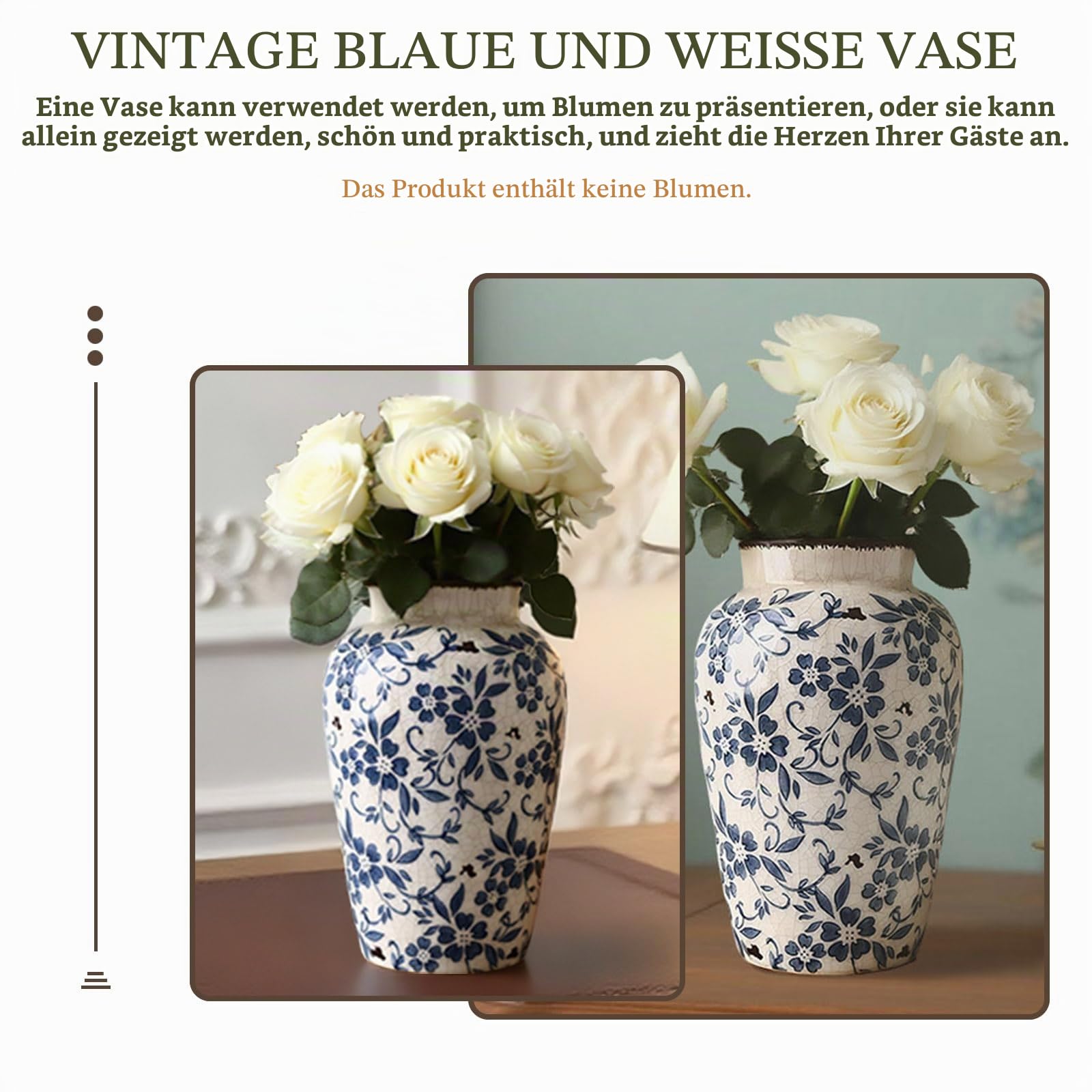 Blau und Weiß Porzellan Vase, Blumenvase Keramik Vintage, Kleine Vasen Deko Rustikal Handgefertigt Asiatische Vasen mit Antike Eisriss-Glasur für Heimdekoration 15,5 x 24,5 cm (L)