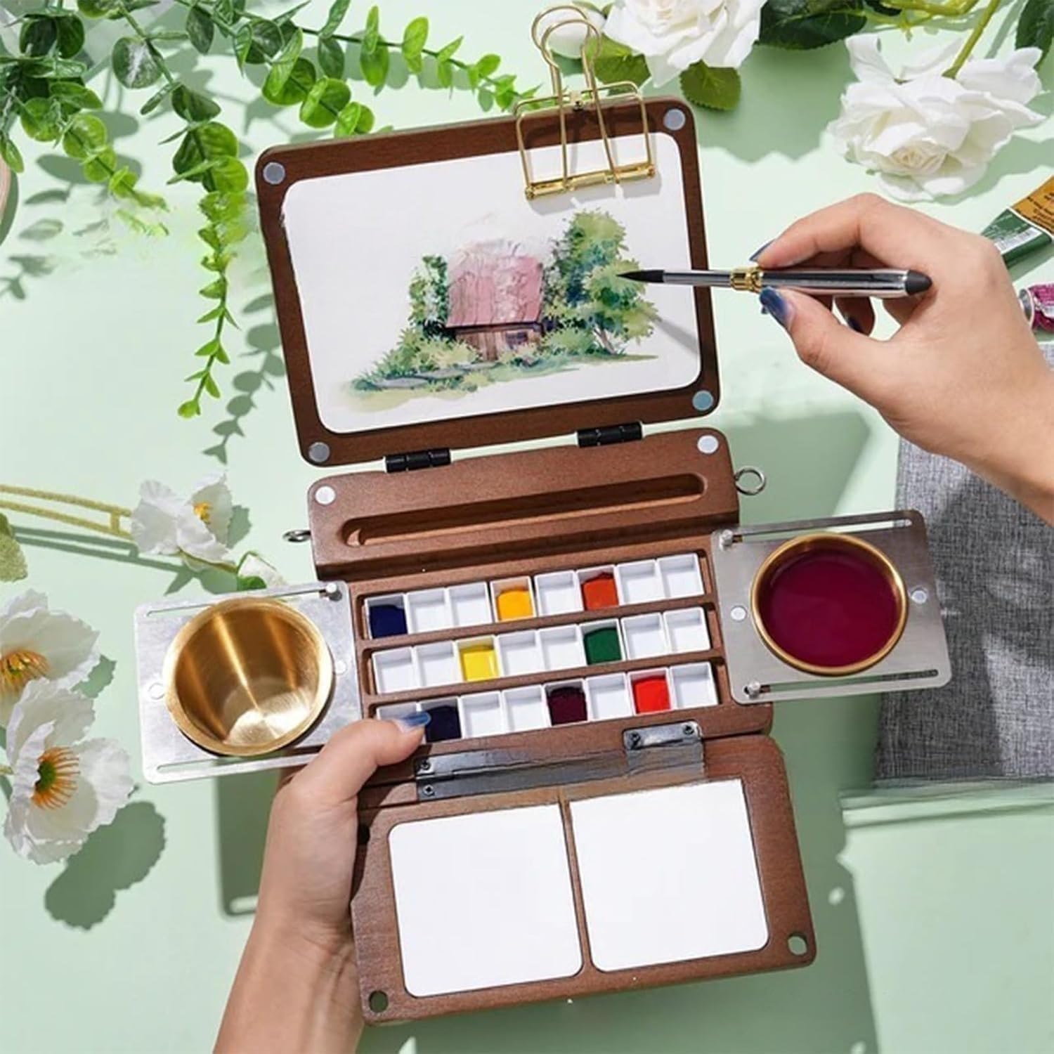 Paleta de acuarela de madera plegable con bloc de dibujo integrado y área de mezcla de colores, bandeja de pintura portátil de viaje para artistas, principiantes, bocetos y pintura al aire libre
