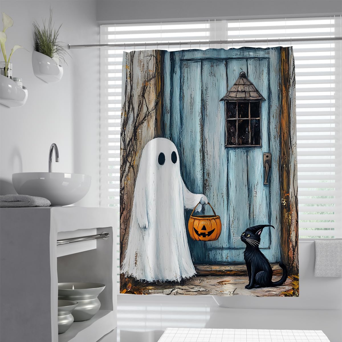 UIRINGART Cute Halloween Ghost Black Cat Shower Curtain W200xL240cm Rustic Blue Wooden Door Pumpkin Bucket Anti Mould Waterproof Bathtub Screens for Wet Room with Hooks