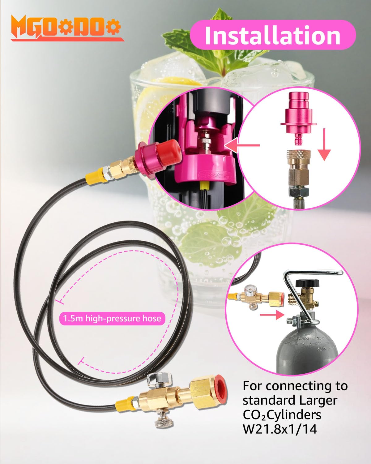 Adapter co2 Flasche Co2 Adapter Hochdruckschlauch, 1,5m, mit 2000psi Manometer, Messing und Aluminiumlegierung, für Wassersprudler Duo, Quick Connect QC und Terra