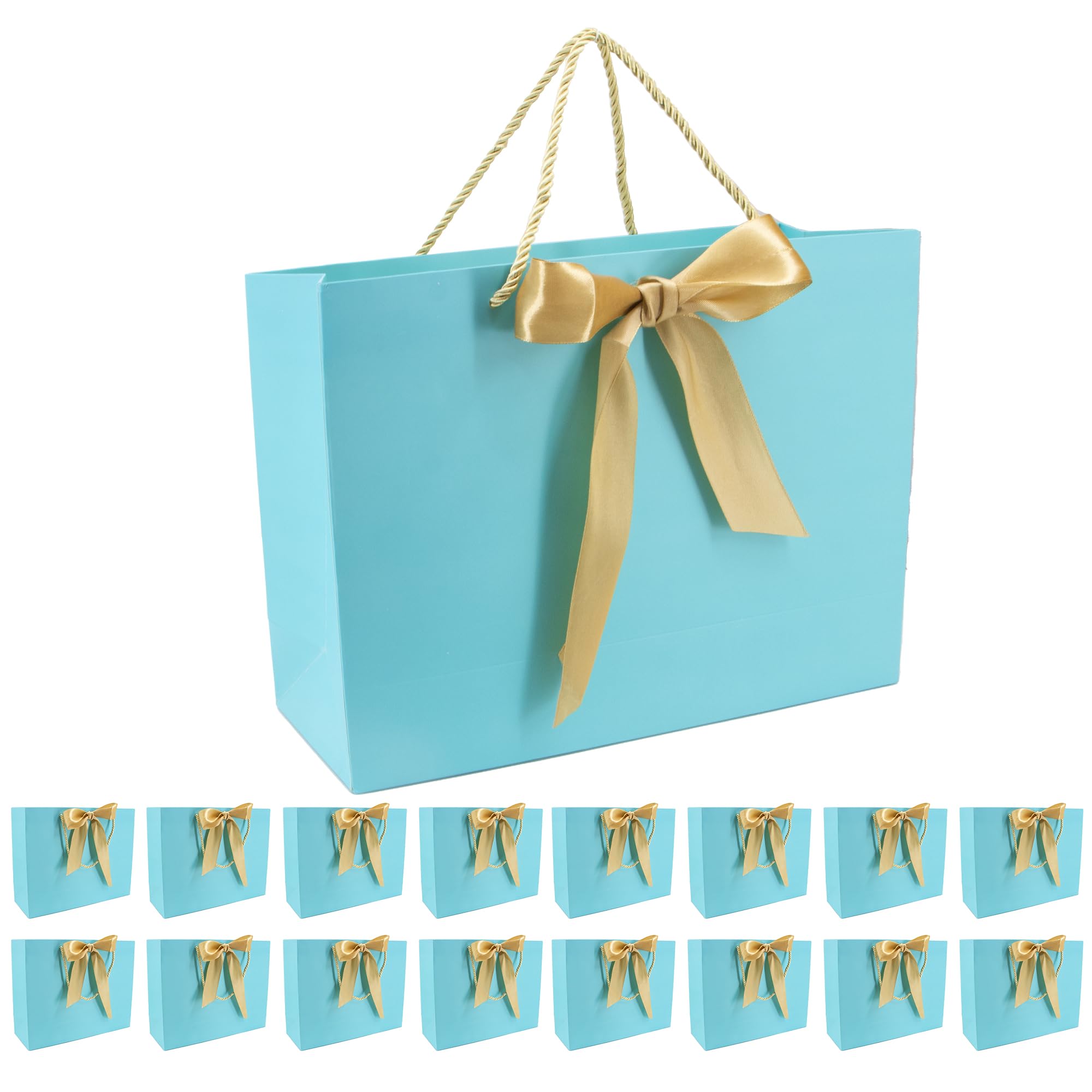 Time to Sparkle 16 PCS Gift Bags Large Size with Handles Bulk, Waterproof Paper Bags with Bow Ribbon for Baby Shower Wedding Party Birthday Holiday Celebrations (32 * 25 * 11cm) Blue