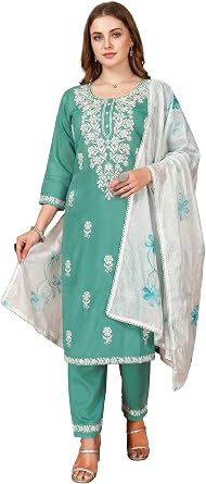 ladyline Womens Rayon Chikankari Salwar Kameez Lucknowi Embroidered with Silk Dupatta