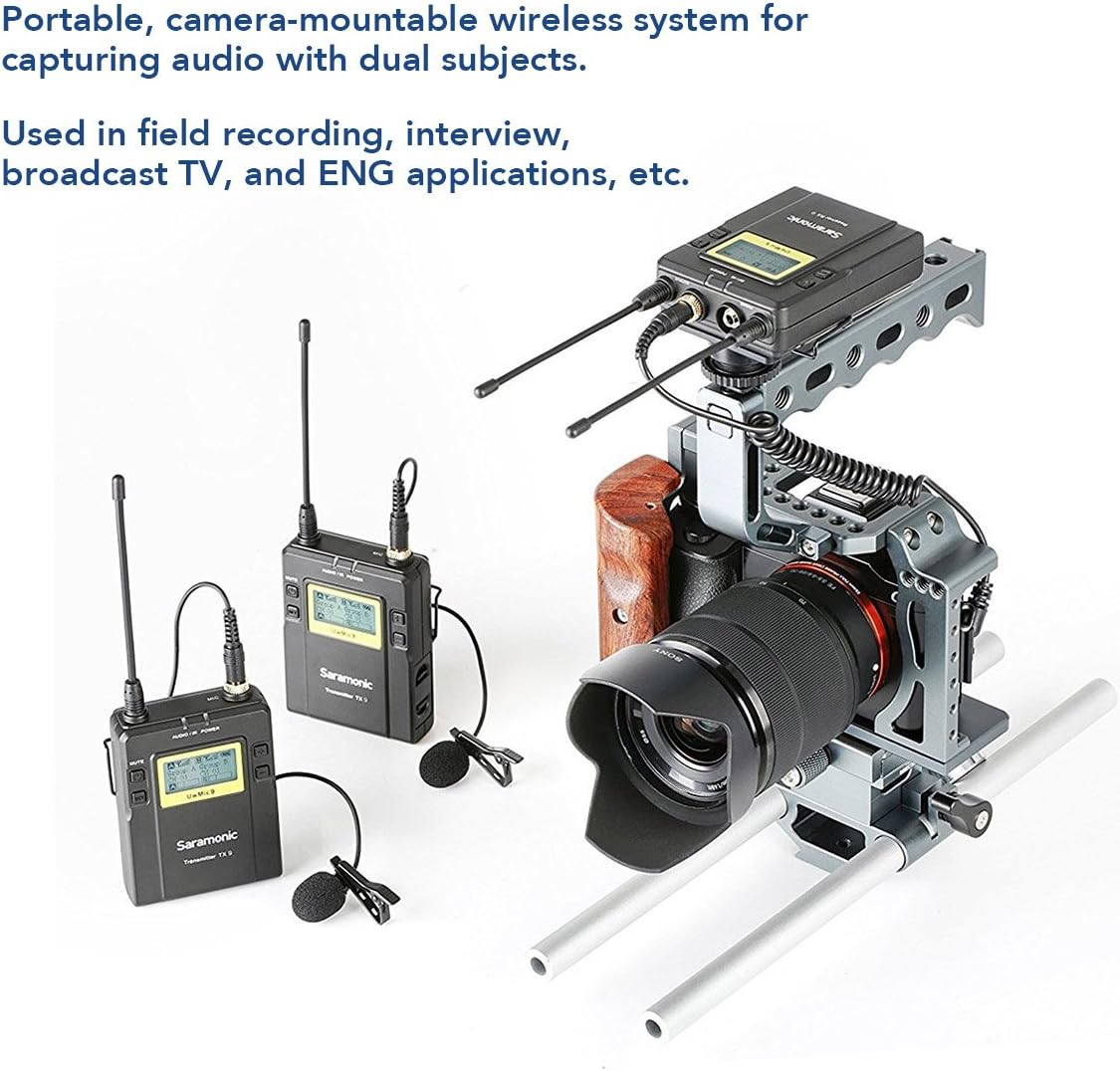 Saramonic UWMIC9 wireless system mounted on a camera rig. The RX9 receiver is attached to the camera's hot shoe, and two TX9 transmitters with lavalier microphones are shown separately. The setup demonstrates a portable, camera-mountable wireless system for capturing audio from dual subjects.