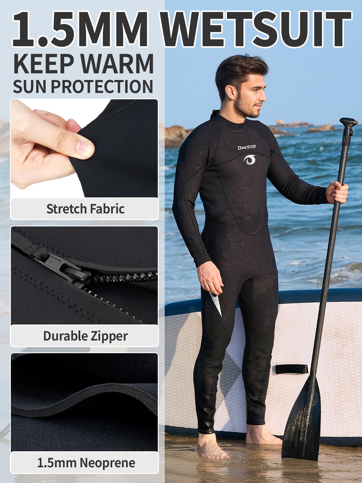 Owntop Muta da uomo e donna, 1,5 mm, lunghezza intera, in neoprene, con cerniera posteriore, per surf, snorkeling