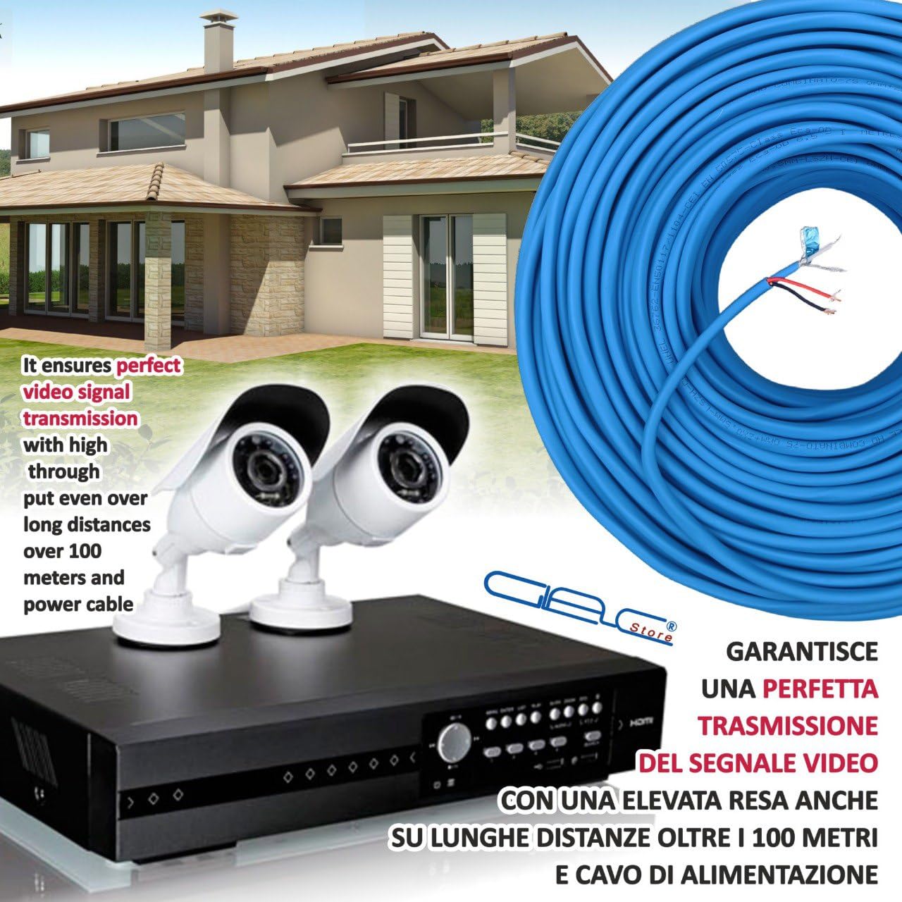 Cavo Coassiale Mini RG59, 100m, Video e Alimentazione Combinato, 75 Ohm, 4K Ultra HD, LSZH Blu