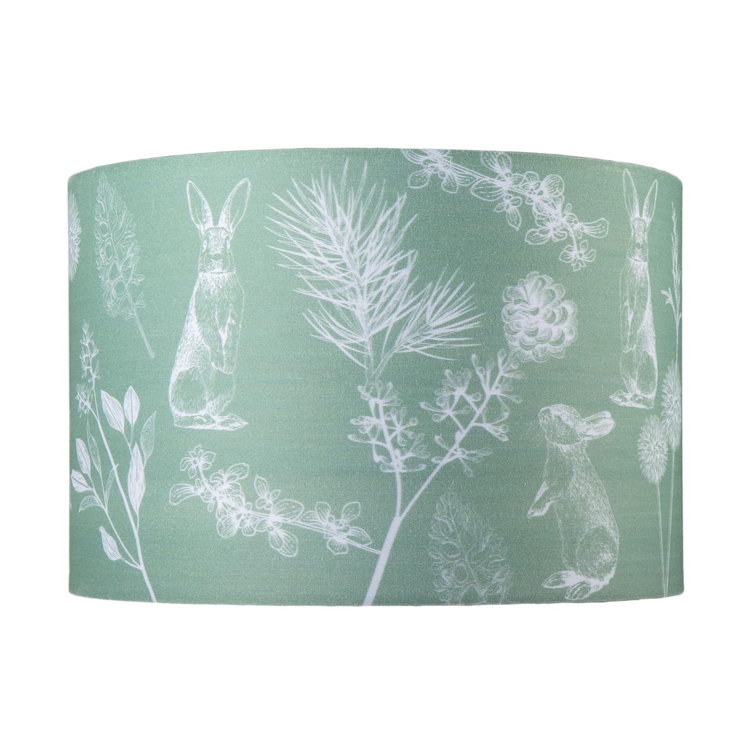 Chic Woodland Themed Sage Light Olive Green Cotton Shade with Hares and Thistle Floral Decoration | 30cm x 20cm | Inner White Cotton Lining by Happy Homewares