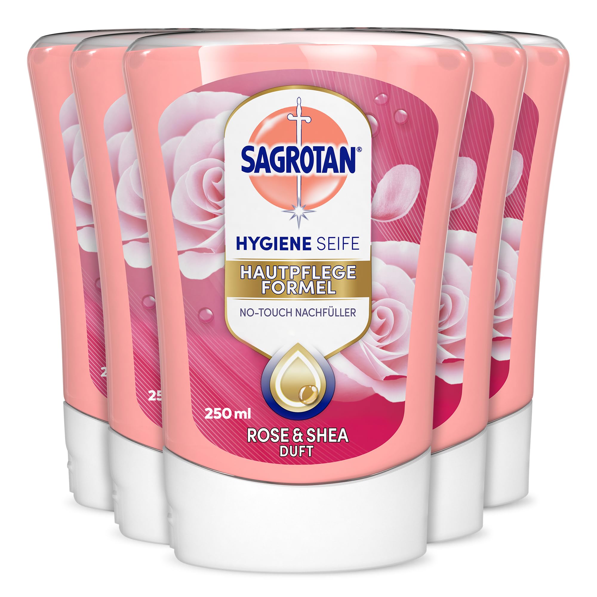 Sagrotan No-Touch Nachfüller Rose und Shea – Für den automatischen Seifenspender – 5 x 250 ml Handseife