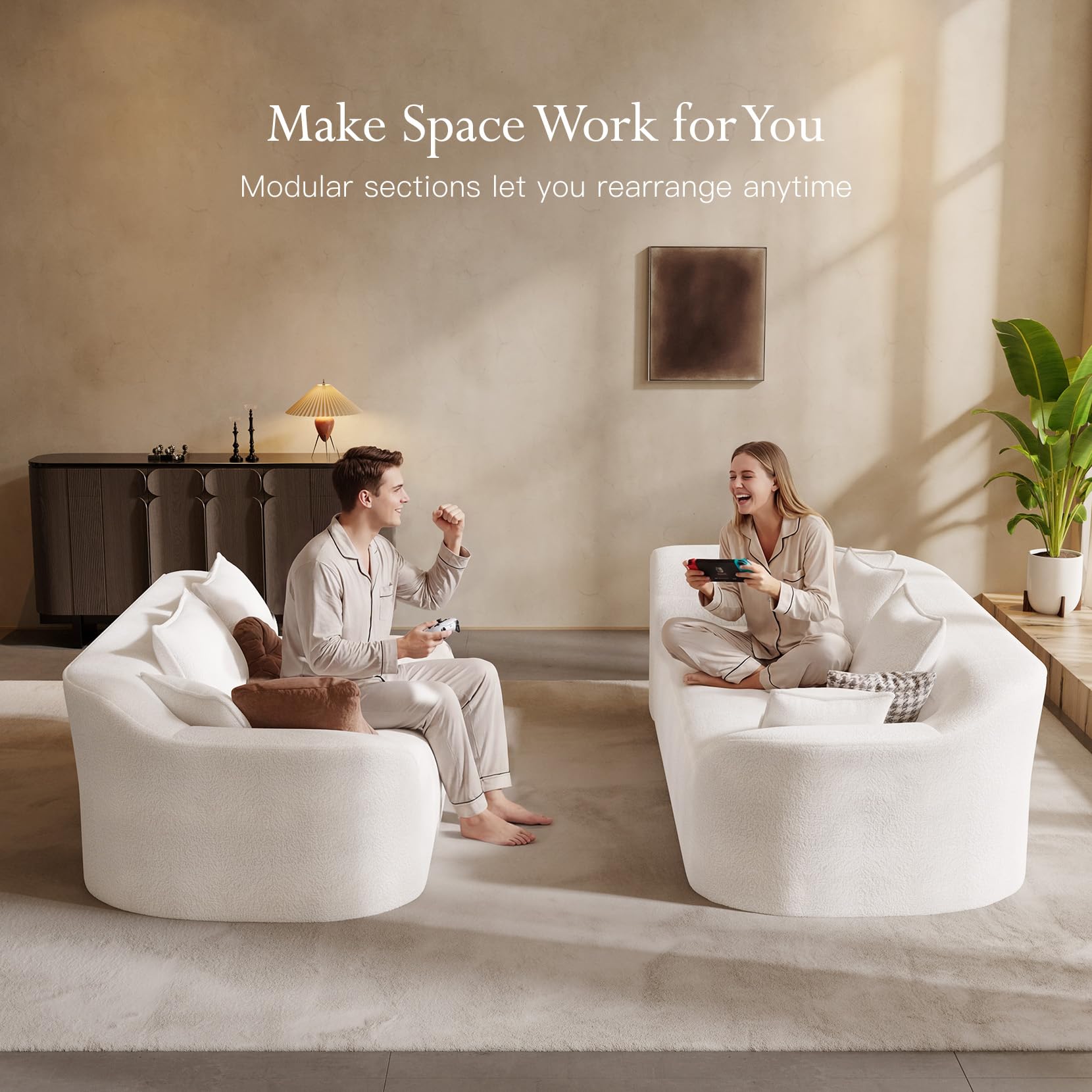 Vesgantti 110" Modern Curved Boneless Sectional Couch, Cloud Sofa, White | Oversized Chenille Modular Sofa, Comfy L-Shaped Couch for Living Room, Extra Deep Seat, Tool-Free Assembly