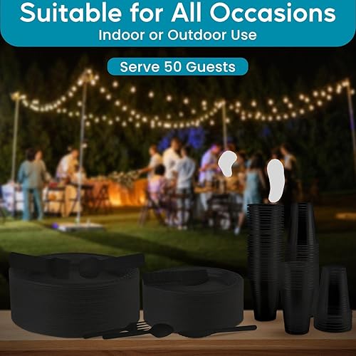 Miniatura 5 de Juego de vajilla negra desechable de 300 piezas para 50 invitados, juego de vajilla de plástico para microondas de 50 platos de 9 pulgadas, 50